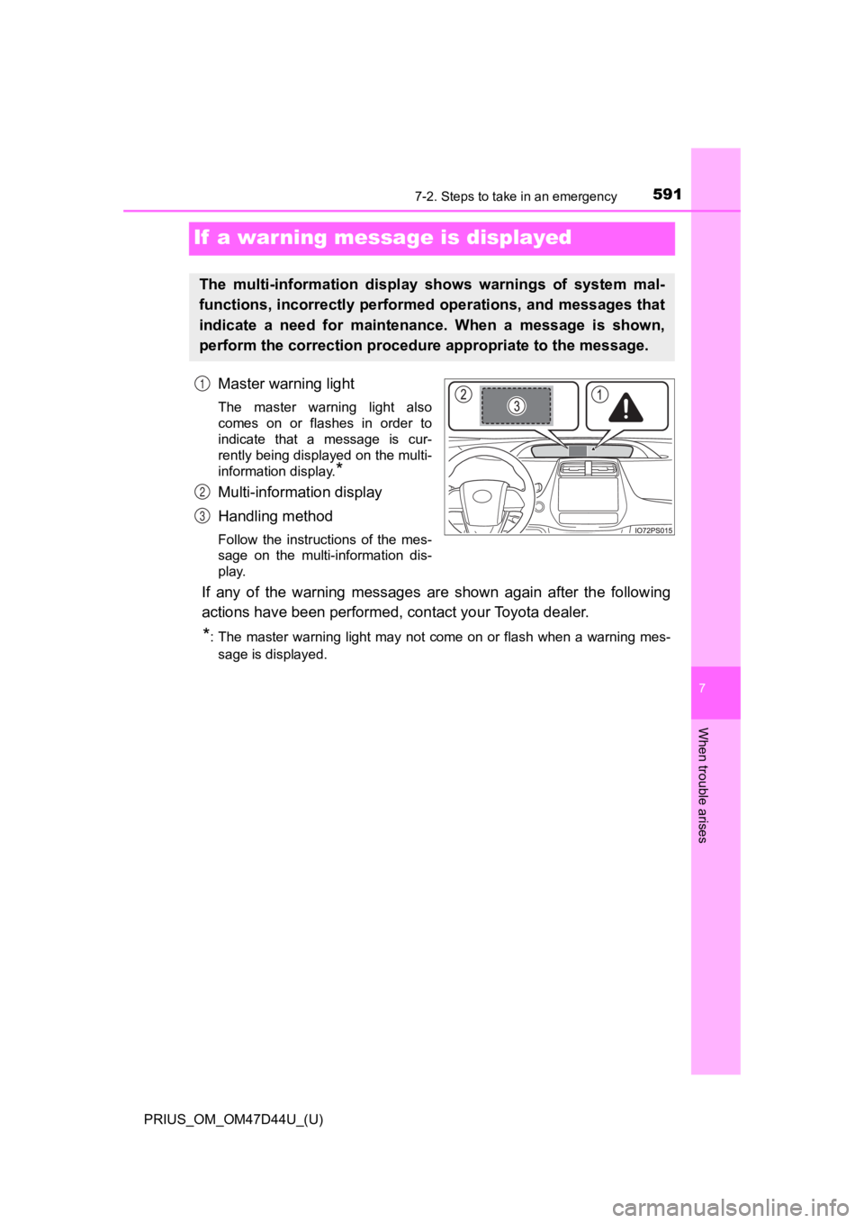 TOYOTA PRIUS 2020  Owners Manual (in English) 591
PRIUS_OM_OM47D44U_(U)
7
When trouble arises
7-2. Steps to take in an emergency
If  a warning message is displayed
Master warning light
The  master  warning  light  also
comes  on  or  flashes  in 