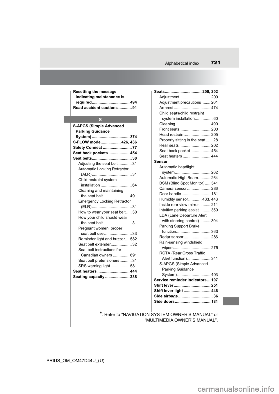 TOYOTA PRIUS 2020 Owners Manual (in English) 721Alphabetical index
PRIUS_OM_OM47D44U_(U)
Resetting the message indicating maintenance is
required .................................. 494
Road accident cautions ............ 91
S-APGS (Simple Advan TOYOTA PRIUS 2020 Owners Manual (in English) 721Alphabetical index
PRIUS_OM_OM47D44U_(U)
Resetting the message indicating maintenance is
required .................................. 494
Road accident cautions ............ 91
S-APGS (Simple Advan