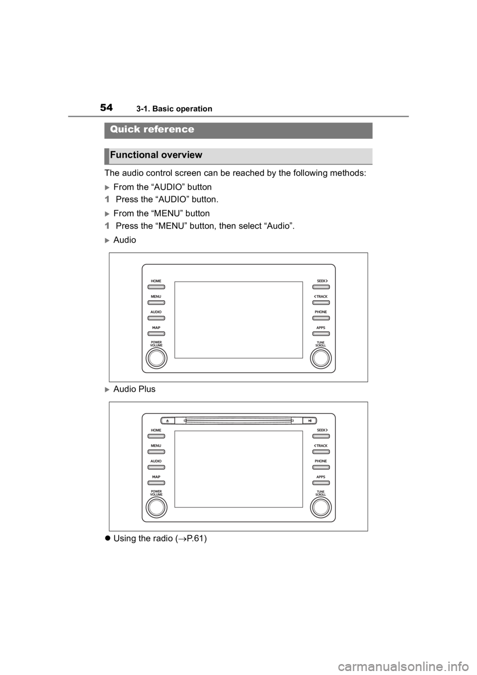 TOYOTA PRIUS 2020 Accessories, Audio & Navigation (in English) 543-1. Basic operation
3-1.Basic operation
The audio control screen can be reached by the following methods:
From the “AUDIO” button
1 Press the “AUDIO” button.
From the “MENU” butto TOYOTA PRIUS 2020 Accessories, Audio & Navigation (in English) 543-1. Basic operation
3-1.Basic operation
The audio control screen can be reached by the following methods:
From the “AUDIO” button
1 Press the “AUDIO” button.
From the “MENU” butto