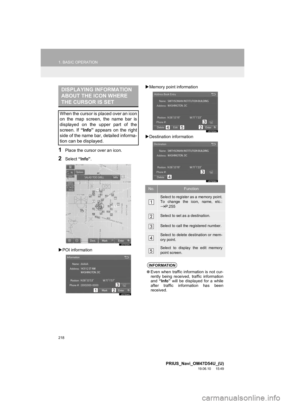 TOYOTA PRIUS 2020  Accessories, Audio & Navigation (in English) 218
1. BASIC OPERATION
PRIUS_Navi_OM47D54U_(U)
19.06.10     15:49
1Place the cursor over an icon.
2Select “Info”.
 POI information 
Memory point information
 Destination information
DISPL
