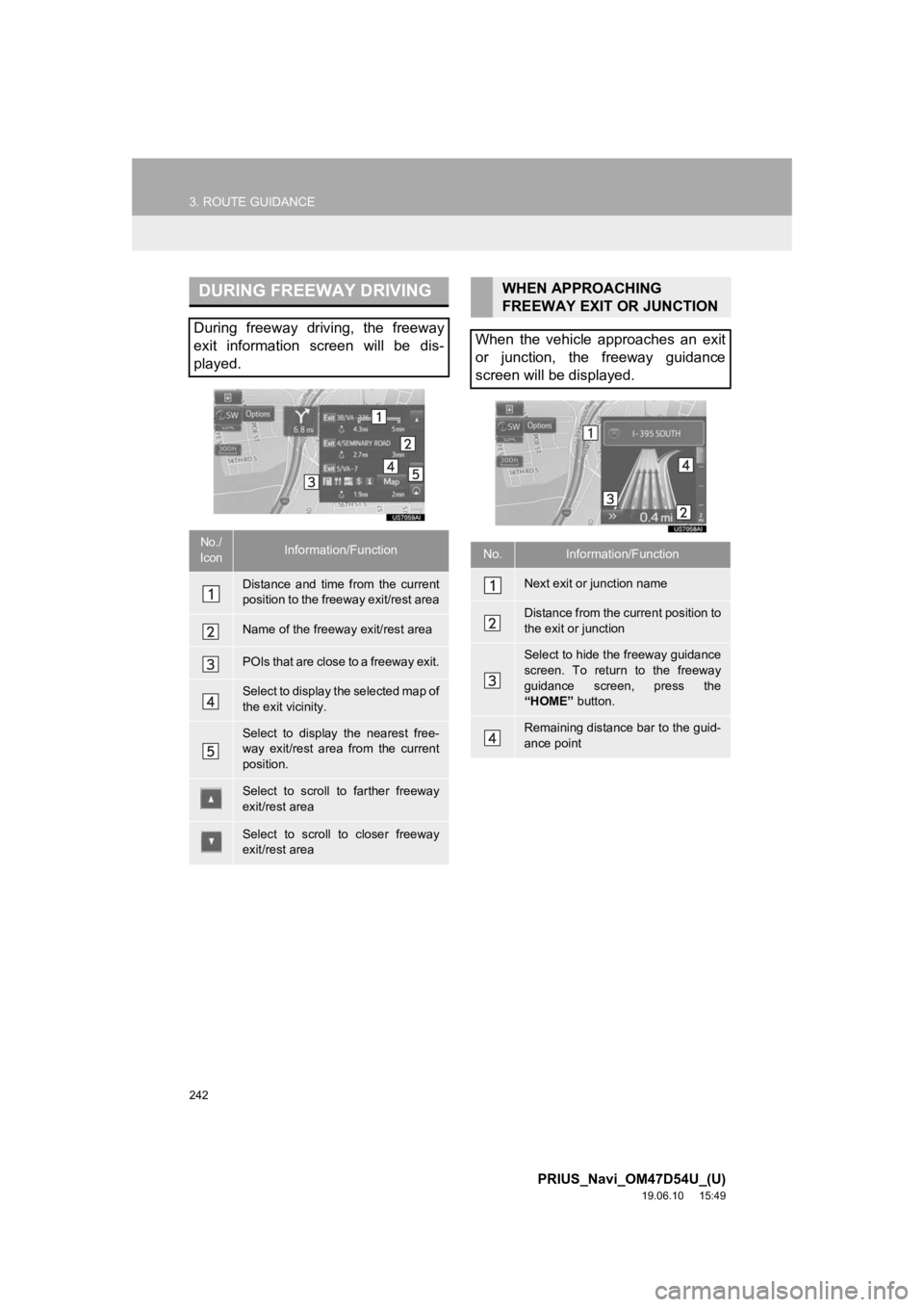TOYOTA PRIUS 2020 Accessories, Audio & Navigation (in English) 242
3. ROUTE GUIDANCE
PRIUS_Navi_OM47D54U_(U)
19.06.10 15:49
DURING FREEWAY DRIVING
During freeway driving, the freeway
exit information screen will be dis-
played.
No./
IconInformation/F TOYOTA PRIUS 2020 Accessories, Audio & Navigation (in English) 242
3. ROUTE GUIDANCE
PRIUS_Navi_OM47D54U_(U)
19.06.10 15:49
DURING FREEWAY DRIVING
During freeway driving, the freeway
exit information screen will be dis-
played.
No./
IconInformation/F