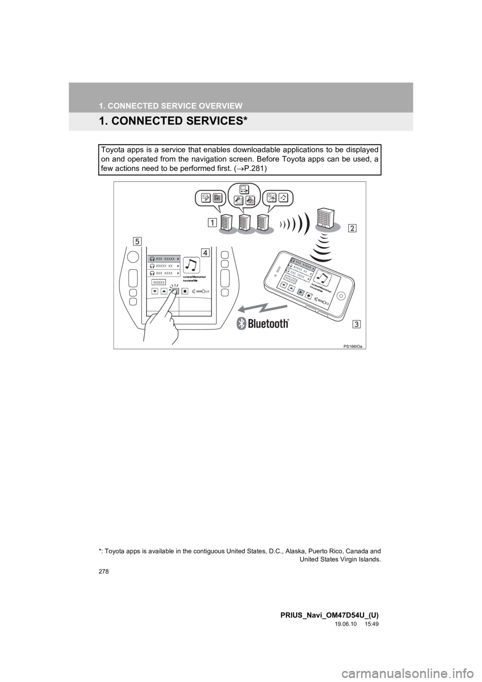 TOYOTA PRIUS 2020 Accessories, Audio & Navigation (in English) 278
PRIUS_Navi_OM47D54U_(U)
19.06.10 15:49
1. CONNECTED SERVICE OVERVIEW
1. CONNECTED SERVICES*
Toyota apps is a service that enables downloadable applications to be displayed
on and o TOYOTA PRIUS 2020 Accessories, Audio & Navigation (in English) 278
PRIUS_Navi_OM47D54U_(U)
19.06.10 15:49
1. CONNECTED SERVICE OVERVIEW
1. CONNECTED SERVICES*
Toyota apps is a service that enables downloadable applications to be displayed
on and o