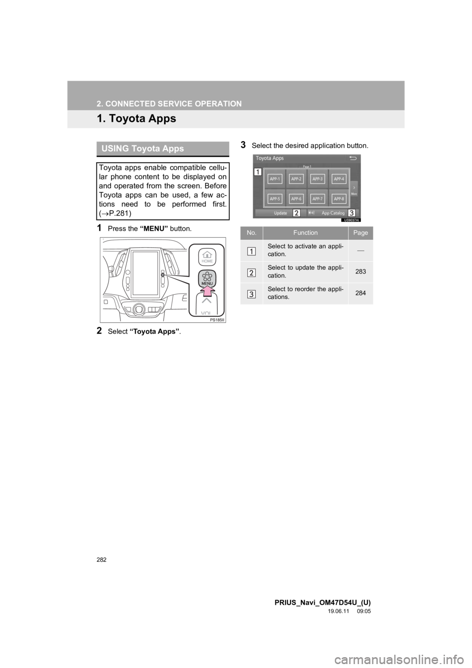 TOYOTA PRIUS 2020 Accessories, Audio & Navigation (in English) 282
PRIUS_Navi_OM47D54U_(U)
19.06.11 09:05
2. CONNECTED SERVICE OPERATION
1. Toyota Apps
1Press the “MENU” button.
2Select “Toyota Apps” .
3Select the desired application button.USING Toyo TOYOTA PRIUS 2020 Accessories, Audio & Navigation (in English) 282
PRIUS_Navi_OM47D54U_(U)
19.06.11 09:05
2. CONNECTED SERVICE OPERATION
1. Toyota Apps
1Press the “MENU” button.
2Select “Toyota Apps” .
3Select the desired application button.USING Toyo