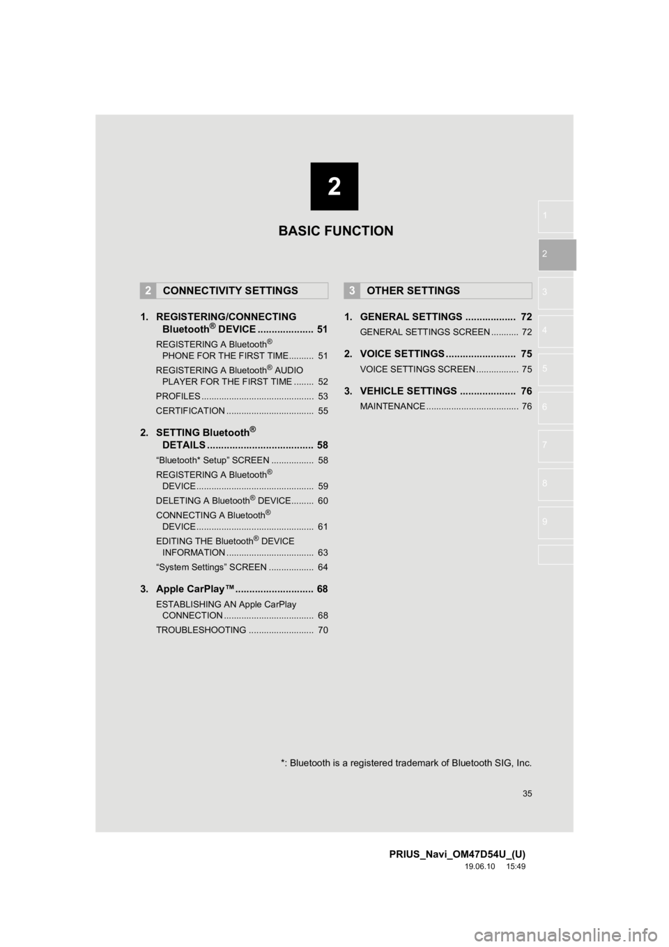 TOYOTA PRIUS 2020  Accessories, Audio & Navigation (in English) 2
35
PRIUS_Navi_OM47D54U_(U)
19.06.10     15:49
1
2
3
4
5
6
7
8
9
1. REGISTERING/CONNECTING Bluetooth® DEVICE .................... 51
REGISTERING A Bluetooth® 
PHONE FOR THE FIRST TIME..........  51