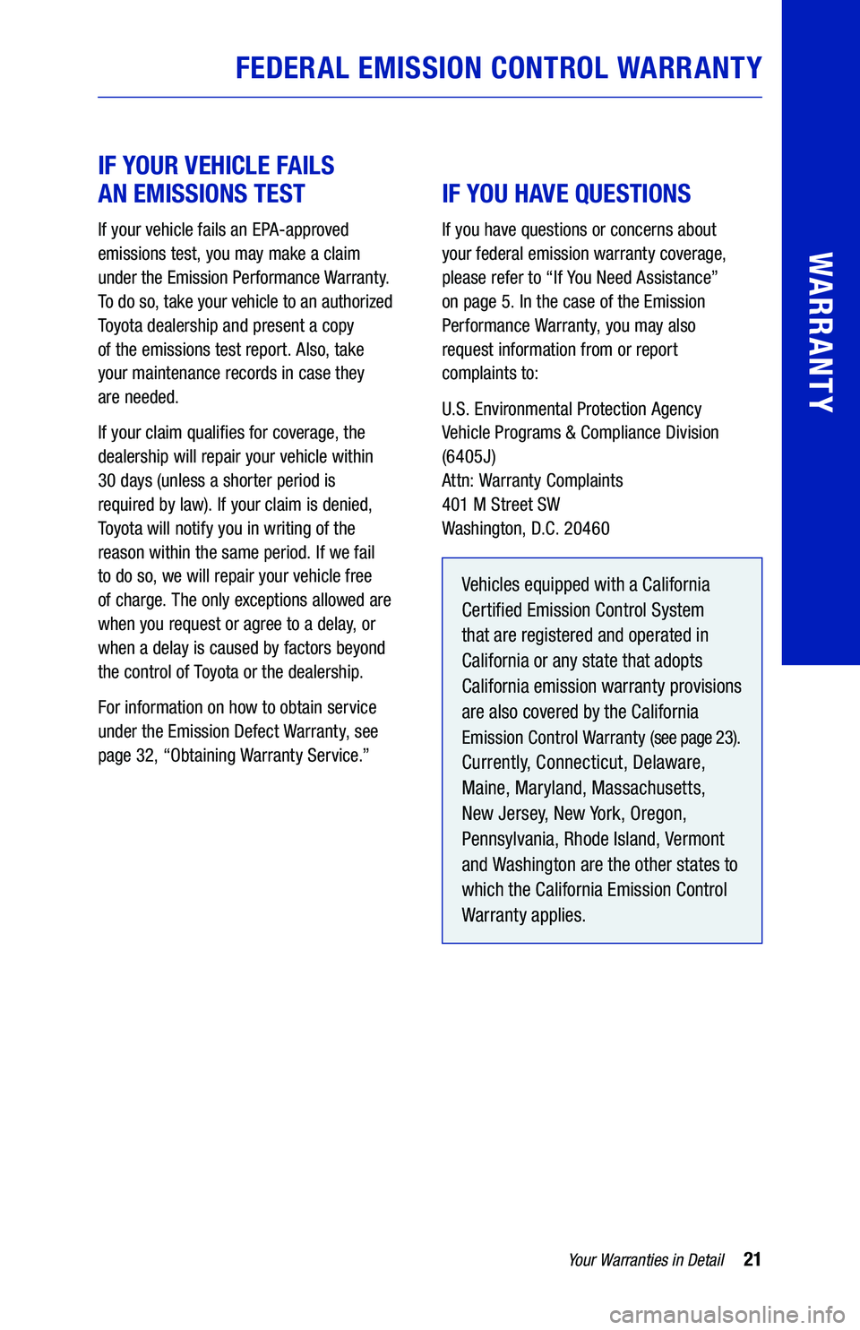 TOYOTA PRIUS 2020  Warranties & Maintenance Guides (in English) 21
 
IF YOUR VEHICLE FAILS  
AN EMISSIONS TEST
If your vehicle fails an EPA-approved 
emissions test, you may make a claim  
under the Emission Performance Warranty.  
To do so, take your vehicle to a