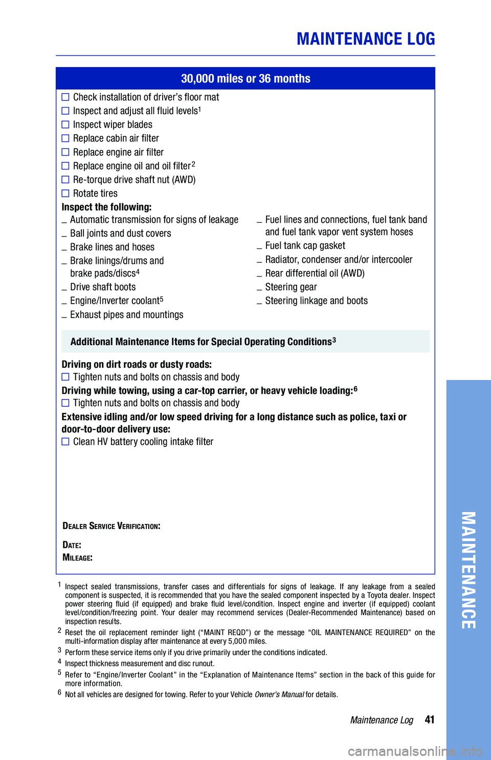 TOYOTA PRIUS 2020  Warranties & Maintenance Guides (in English) 41
30,000 miles or 36 months
Check installation of driver’s floor mat
Inspect and adjust all fluid levels1
Inspect wiper blades
Replace cabin air filter
Replace engine air filter
Replace engine oil 