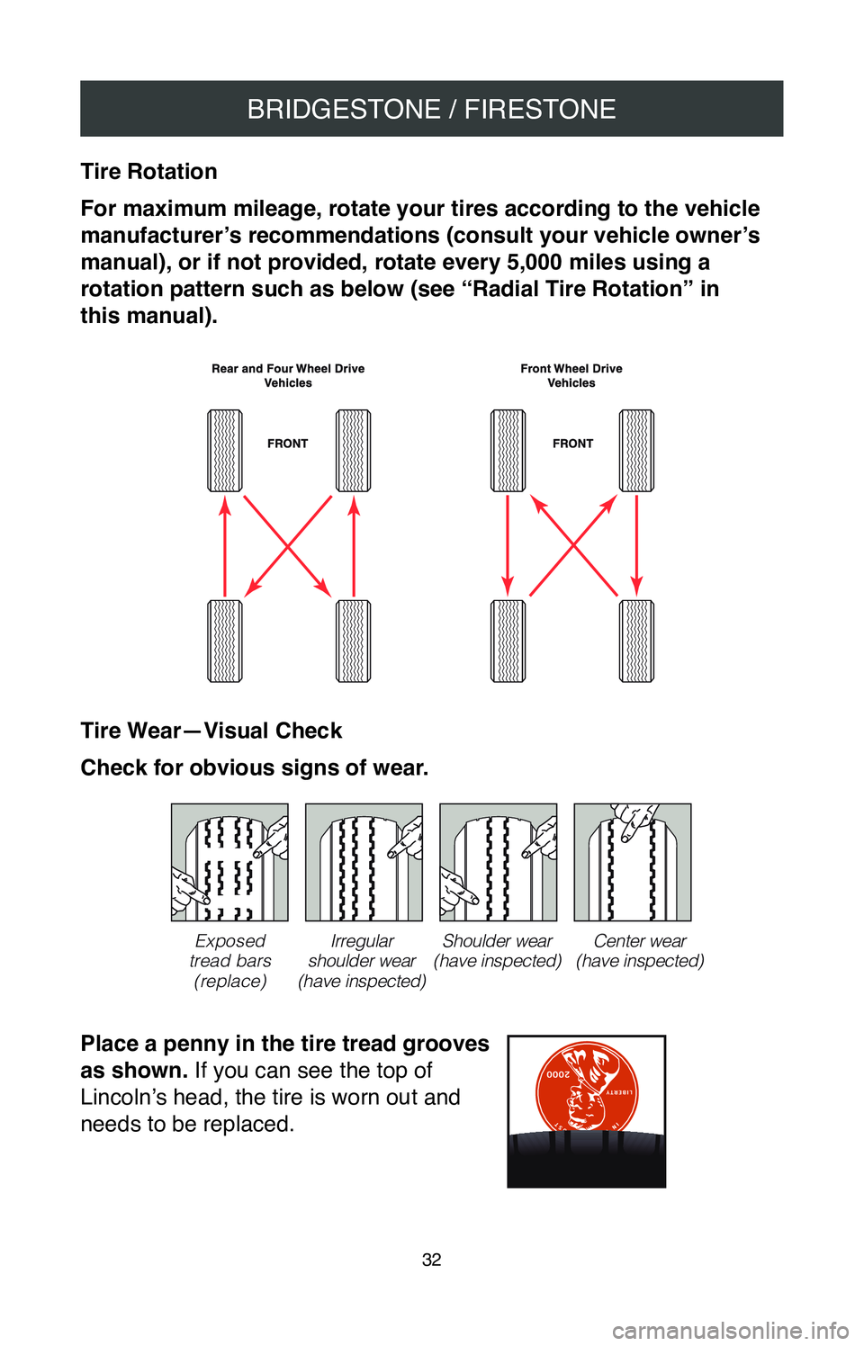 TOYOTA PRIUS 2020  Warranties & Maintenance Guides (in English) BRIDGESTONE / FIRESTONE
32
Tire Rotation
For maximum mileage, rotate your tires according to the vehicle 
manufacturer’s recommendations (consult your vehicle owner’s 
manual), or if not provided,