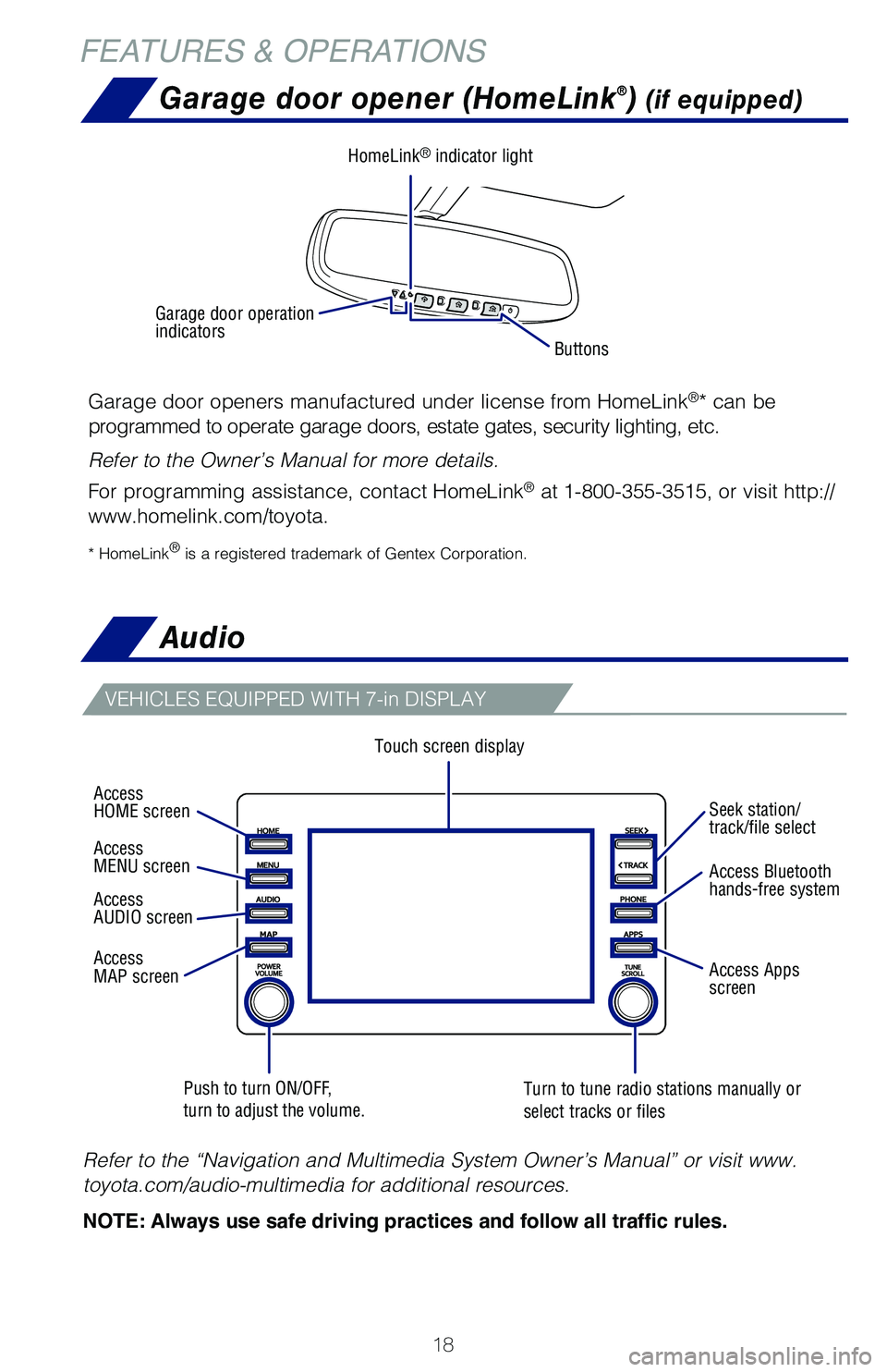 TOYOTA PRIUS 2021   (in English) User Guide 18
Audio
FEATURES & OPERATIONS
Touch screen display
Push to turn ON/OFF,  turn to adjust the volume.Turn to tune radio stations manually or select tracks or files
VEHICLES EQUIPPED WITH 7-in DISPLAY
R