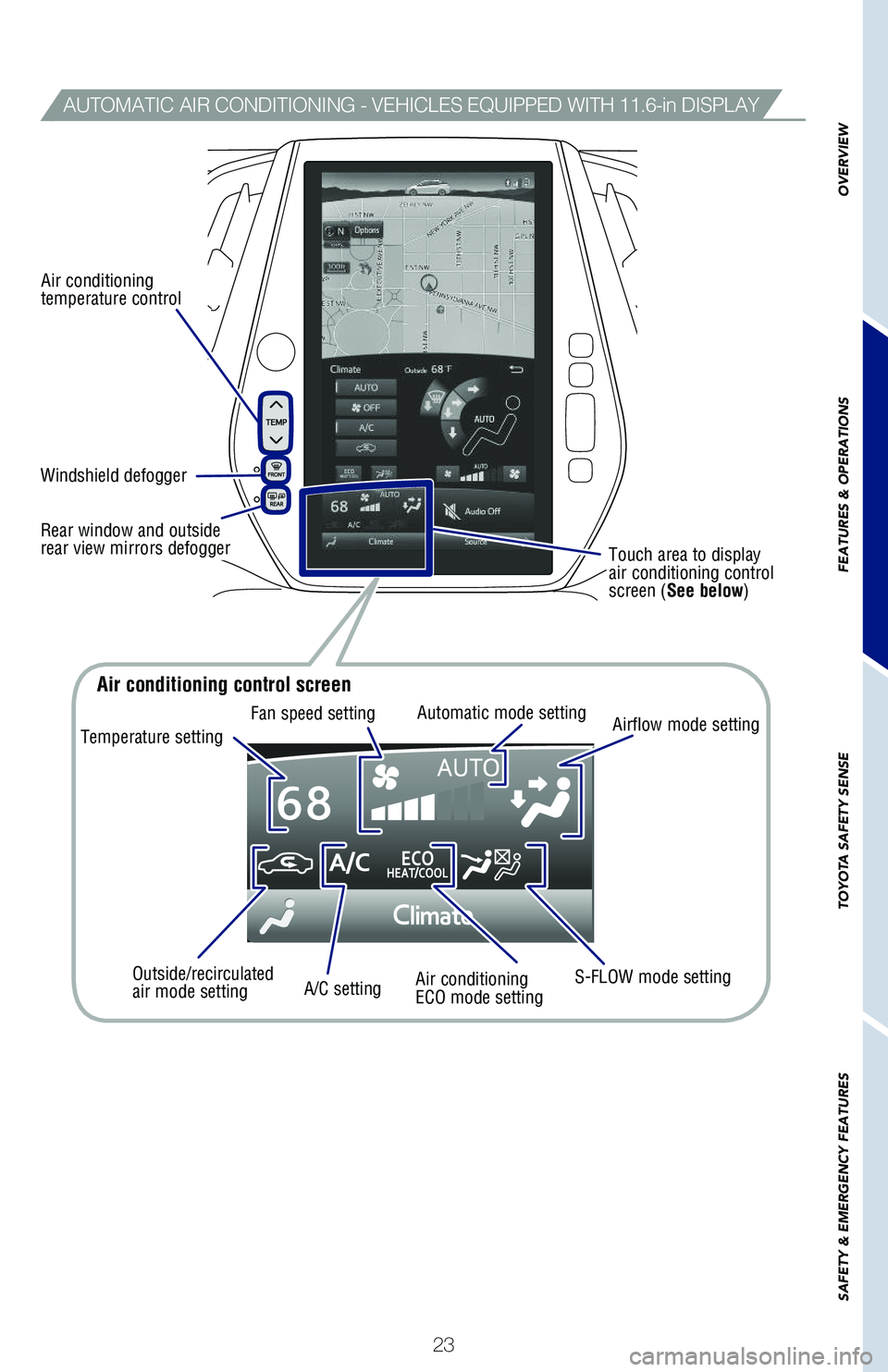 TOYOTA PRIUS 2021 (in English) Owners Manual 23
AUTOMATIC AIR CONDITIONING - VEHICLES EQUIPPED WITH 11.6-in DISPLAY
Air conditioning temperature control
Windshield defogger
Rear window and outside rear view mirrors defogger
Temperature setting
F TOYOTA PRIUS 2021 (in English) Owners Manual 23
AUTOMATIC AIR CONDITIONING - VEHICLES EQUIPPED WITH 11.6-in DISPLAY
Air conditioning temperature control
Windshield defogger
Rear window and outside rear view mirrors defogger
Temperature setting
F