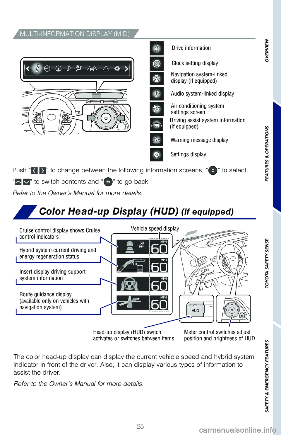 TOYOTA PRIUS 2021 (in English) Owners Manual 25
Color Head-up Display (HUD) (if equipped)
The color head-up display can display the current vehicle speed and hybrid system
indicator in front of the driver. Also, it can display various types of TOYOTA PRIUS 2021 (in English) Owners Manual 25
Color Head-up Display (HUD) (if equipped)
The color head-up display can display the current vehicle speed and hybrid system
indicator in front of the driver. Also, it can display various types of