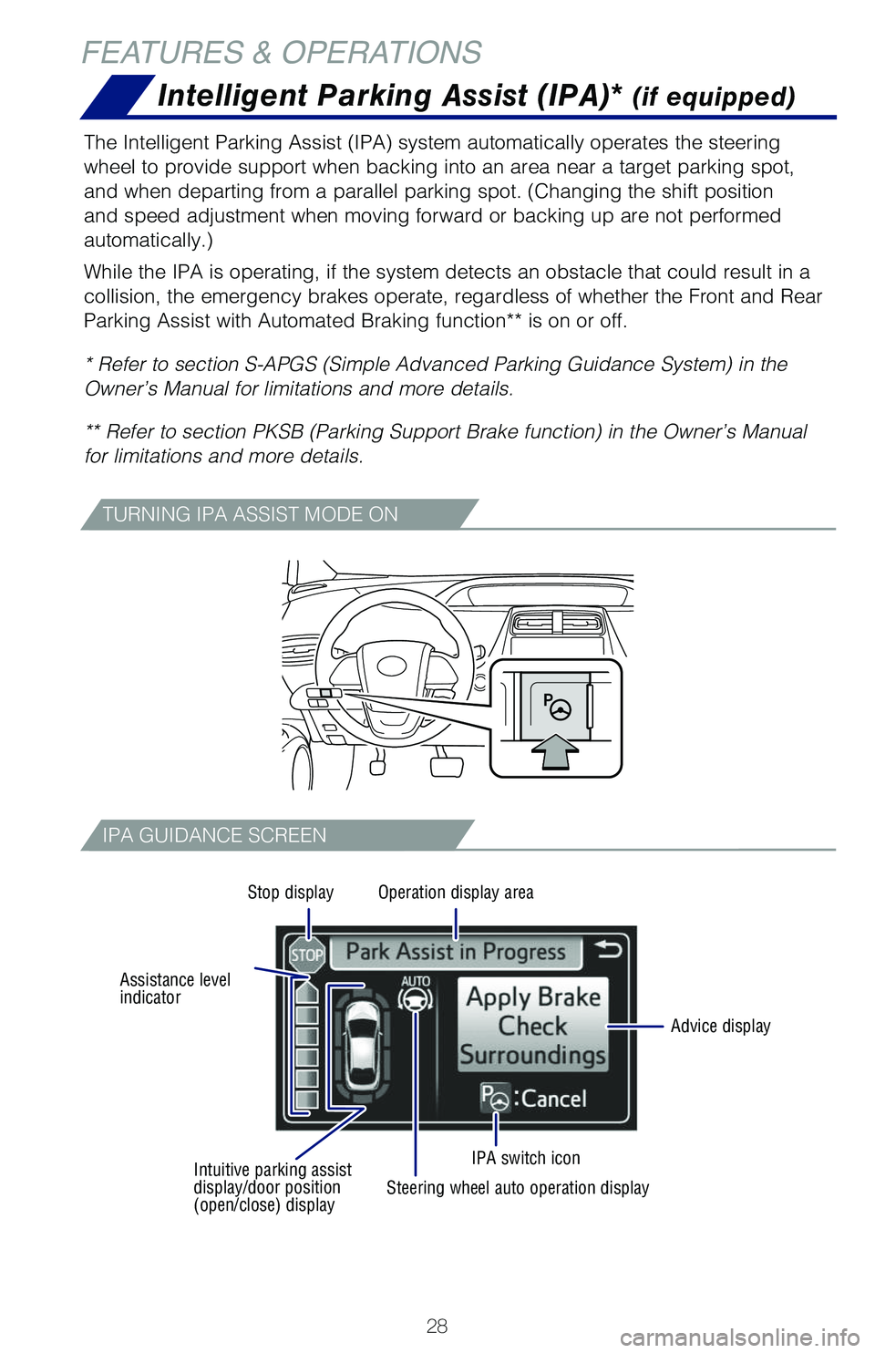 TOYOTA PRIUS 2021 (in English) Owners Manual 28
FEATURES & OPERATIONS
The Intelligent Parking Assist (IPA) system automatically operates the steering
wheel to provide support when backing into an area near a target parking spot,
and when depar TOYOTA PRIUS 2021 (in English) Owners Manual 28
FEATURES & OPERATIONS
The Intelligent Parking Assist (IPA) system automatically operates the steering
wheel to provide support when backing into an area near a target parking spot,
and when depar