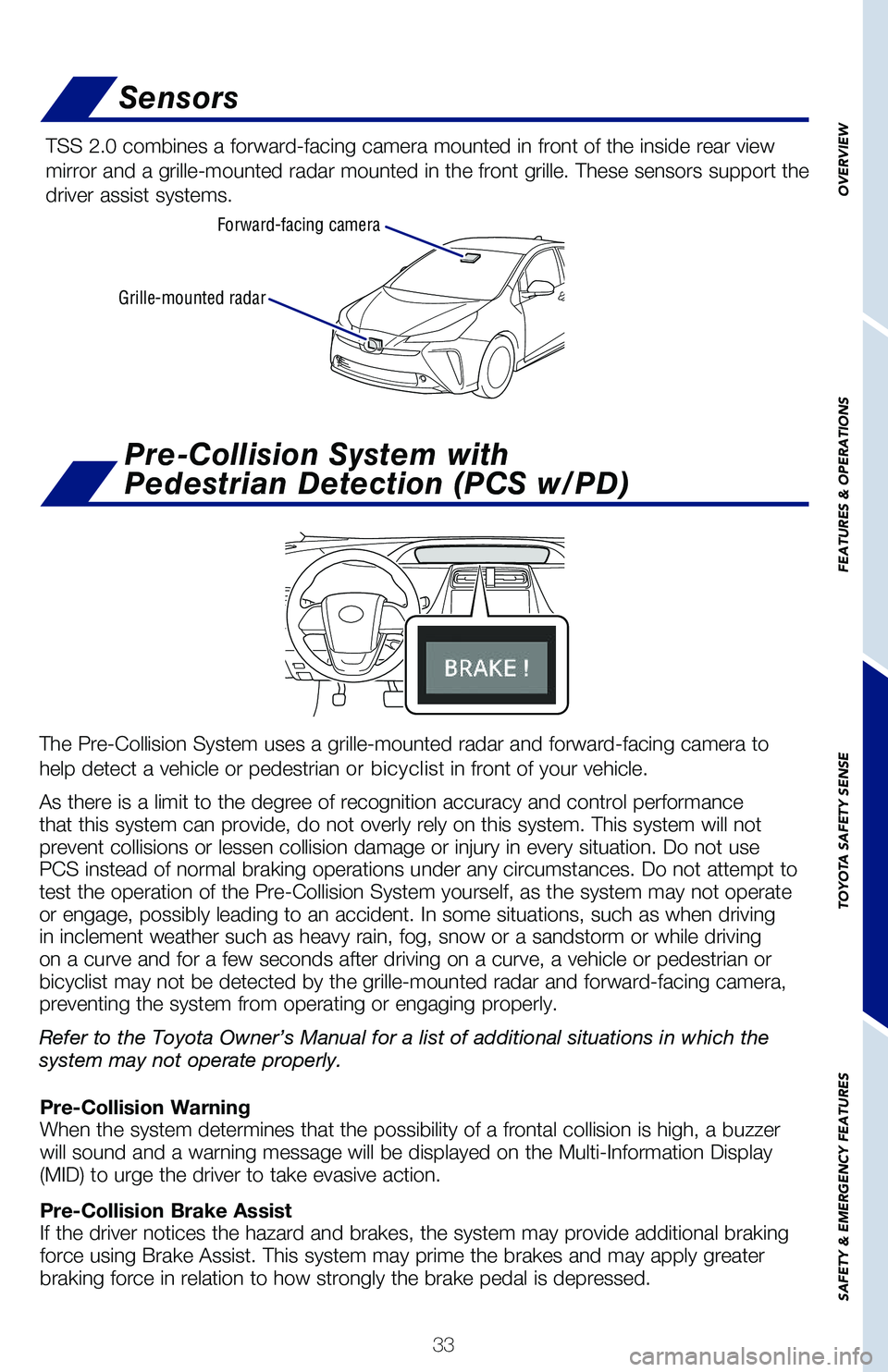 TOYOTA PRIUS 2021 Owners Manual (in English) 33
Sensors
TSS 2.0 combines a forward-facing camera mounted in front of the inside rear view
mirror and a grille-mounted radar mounted in the front grille. These sensors support the
driver assist sy TOYOTA PRIUS 2021 Owners Manual (in English) 33
Sensors
TSS 2.0 combines a forward-facing camera mounted in front of the inside rear view
mirror and a grille-mounted radar mounted in the front grille. These sensors support the
driver assist sy