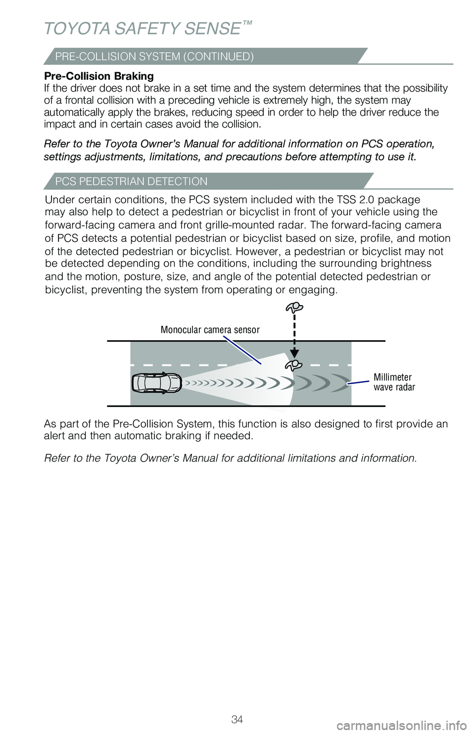 TOYOTA PRIUS 2021 Owners Manual (in English) 34
As part of the Pre-Collision System, this function is also designed to first provide an alert and then automatic braking if needed.
Refer to the Toyota Owner’s Manual for additional limitations a TOYOTA PRIUS 2021 Owners Manual (in English) 34
As part of the Pre-Collision System, this function is also designed to first provide an alert and then automatic braking if needed.
Refer to the Toyota Owner’s Manual for additional limitations a