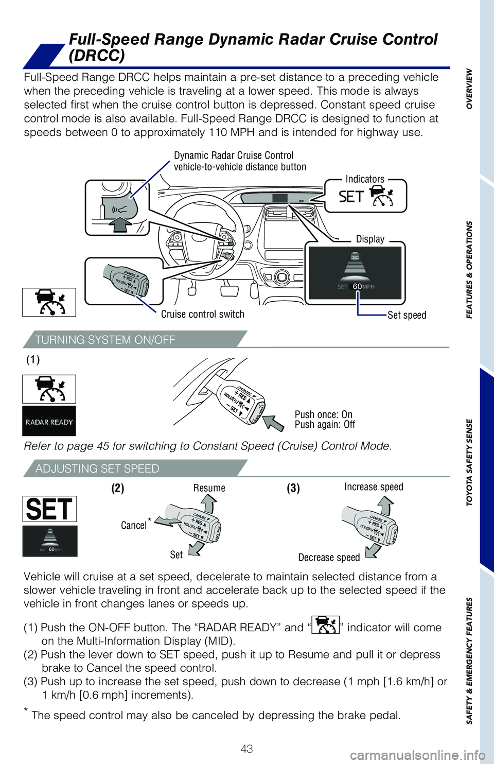 TOYOTA PRIUS 2021 (in English) Service Manual 43
Full-Speed Range Dynamic Radar Cruise Control
(DRCC)
Full-Speed Range DRCC helps maintain a pre-set distance to a preceding vehicle
when the preceding vehicle is traveling at a lower speed. This TOYOTA PRIUS 2021 (in English) Service Manual 43
Full-Speed Range Dynamic Radar Cruise Control
(DRCC)
Full-Speed Range DRCC helps maintain a pre-set distance to a preceding vehicle
when the preceding vehicle is traveling at a lower speed. This