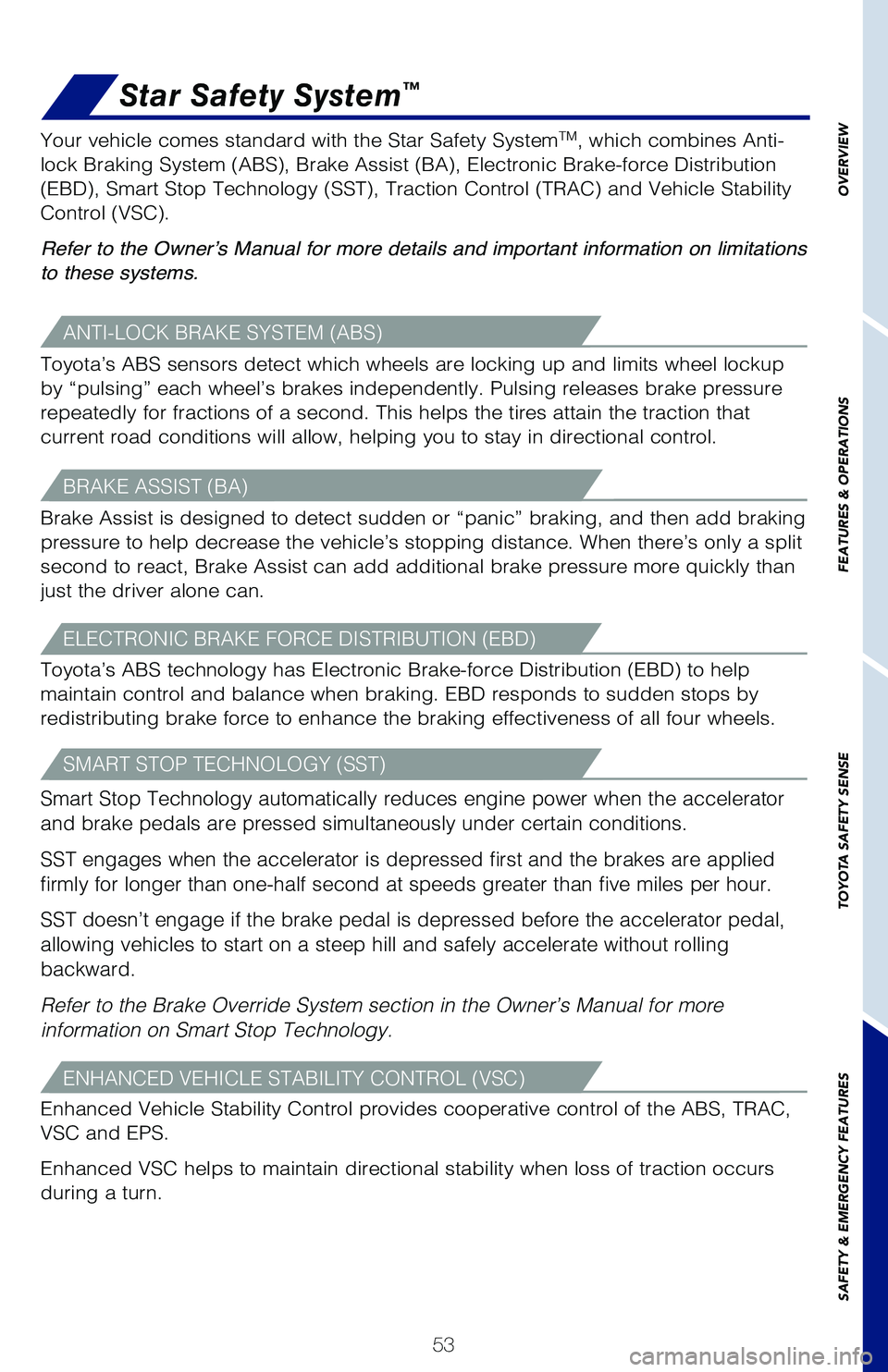 TOYOTA PRIUS 2021 Owners Manual (in English) 53
OVERVIEW
FEATURES & OPERATIONS
TOYOTA SAFETY SENSE
SAFETY & EMERGENCY FEATURES
SMART STOP TECHNOLOGY (SST)
Star Safety System™
Smart Stop Technology automatically reduces engine power when the ac TOYOTA PRIUS 2021 Owners Manual (in English) 53
OVERVIEW
FEATURES & OPERATIONS
TOYOTA SAFETY SENSE
SAFETY & EMERGENCY FEATURES
SMART STOP TECHNOLOGY (SST)
Star Safety System™
Smart Stop Technology automatically reduces engine power when the ac