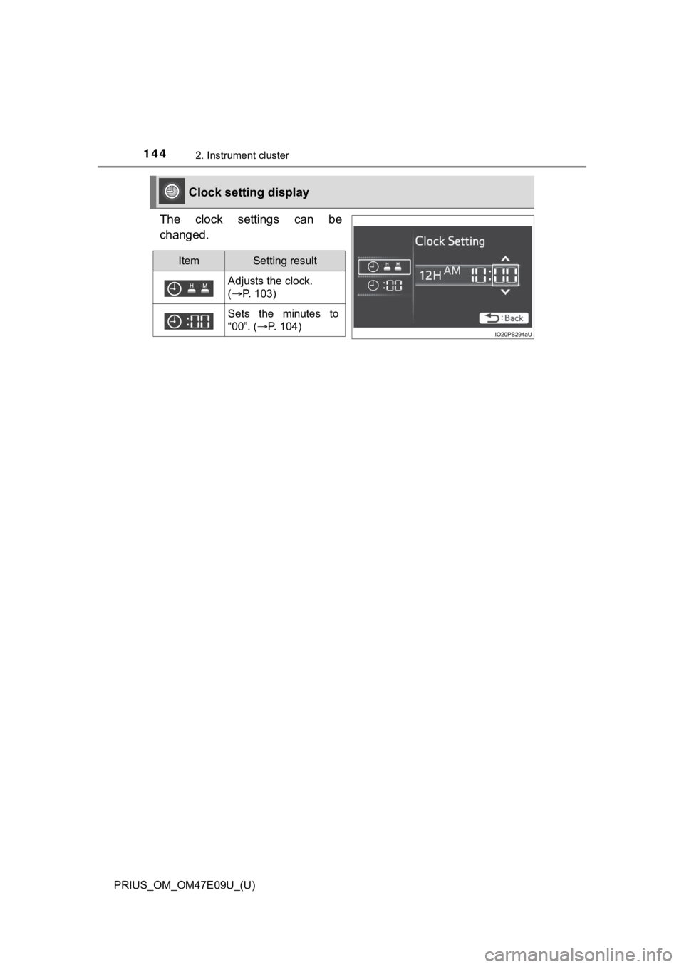 TOYOTA PRIUS 2021 Owners Manual (in English) 144
PRIUS_OM_OM47E09U_(U)
2. Instrument cluster
The clock settings can be
changed.
Clock setting display
ItemSetting result
Adjusts the clock.
( P. 103)
Sets the minutes to
“00”. ( TOYOTA PRIUS 2021 Owners Manual (in English) 144
PRIUS_OM_OM47E09U_(U)
2. Instrument cluster
The clock settings can be
changed.
Clock setting display
ItemSetting result
Adjusts the clock.
( P. 103)
Sets the minutes to
“00”. ( 