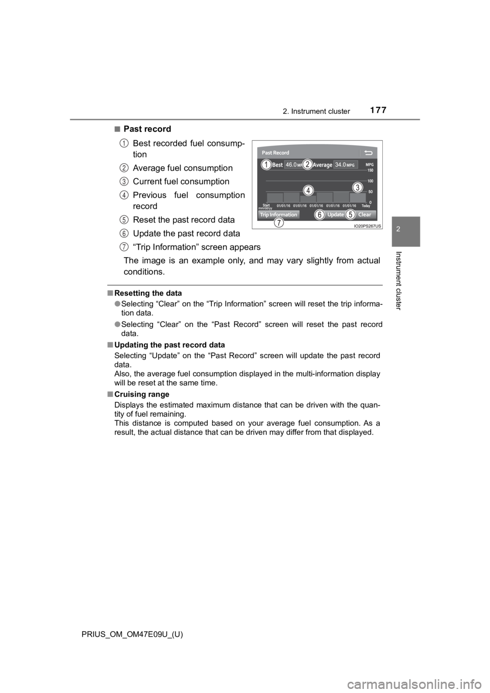 TOYOTA PRIUS 2021 Owners Manual (in English) PRIUS_OM_OM47E09U_(U)
1772. Instrument cluster
2
Instrument cluster
■Past recordBest recorded fuel consump-
tion
Average fuel consumption
Current fuel consumption
Previous fuel consumption
reco TOYOTA PRIUS 2021 Owners Manual (in English) PRIUS_OM_OM47E09U_(U)
1772. Instrument cluster
2
Instrument cluster
■Past recordBest recorded fuel consump-
tion
Average fuel consumption
Current fuel consumption
Previous fuel consumption
reco