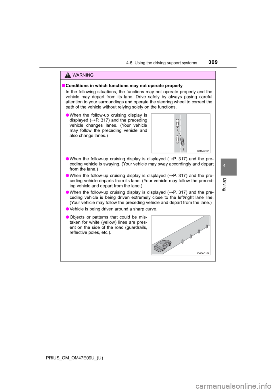 TOYOTA PRIUS 2021  Owners Manual (in English) PRIUS_OM_OM47E09U_(U)
3094-5. Using the driving support systems
4
Driving
WARNING
■Conditions in which functions may not operate properly
In  the  following  situations,  the  functions  may  not  o