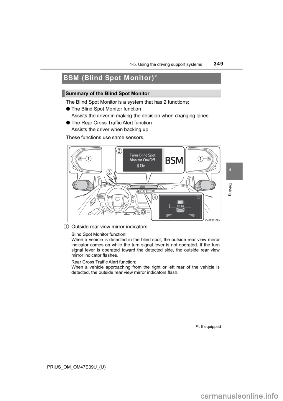 TOYOTA PRIUS 2021  Owners Manual (in English) 349
PRIUS_OM_OM47E09U_(U)
4-5. Using the driving support systems
4
Driving
BSM (Blind Spot Monitor)
The Blind Spot Monitor is a  system that has 2 functions;
● The Blind Spot M onitor function 
A