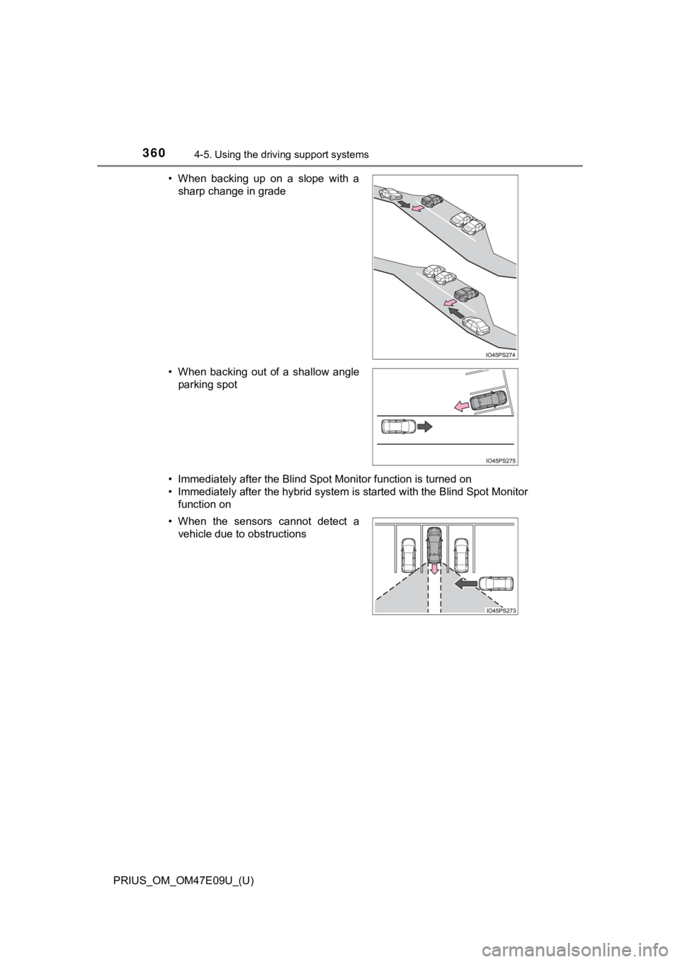 TOYOTA PRIUS 2021 Owners Manual (in English) 360
PRIUS_OM_OM47E09U_(U)
4-5. Using the driving support systems
• Immediately after the Blind Spot Monitor function is turned on
• Immediately after the hybrid system is started with the Blind S TOYOTA PRIUS 2021 Owners Manual (in English) 360
PRIUS_OM_OM47E09U_(U)
4-5. Using the driving support systems
• Immediately after the Blind Spot Monitor function is turned on
• Immediately after the hybrid system is started with the Blind S