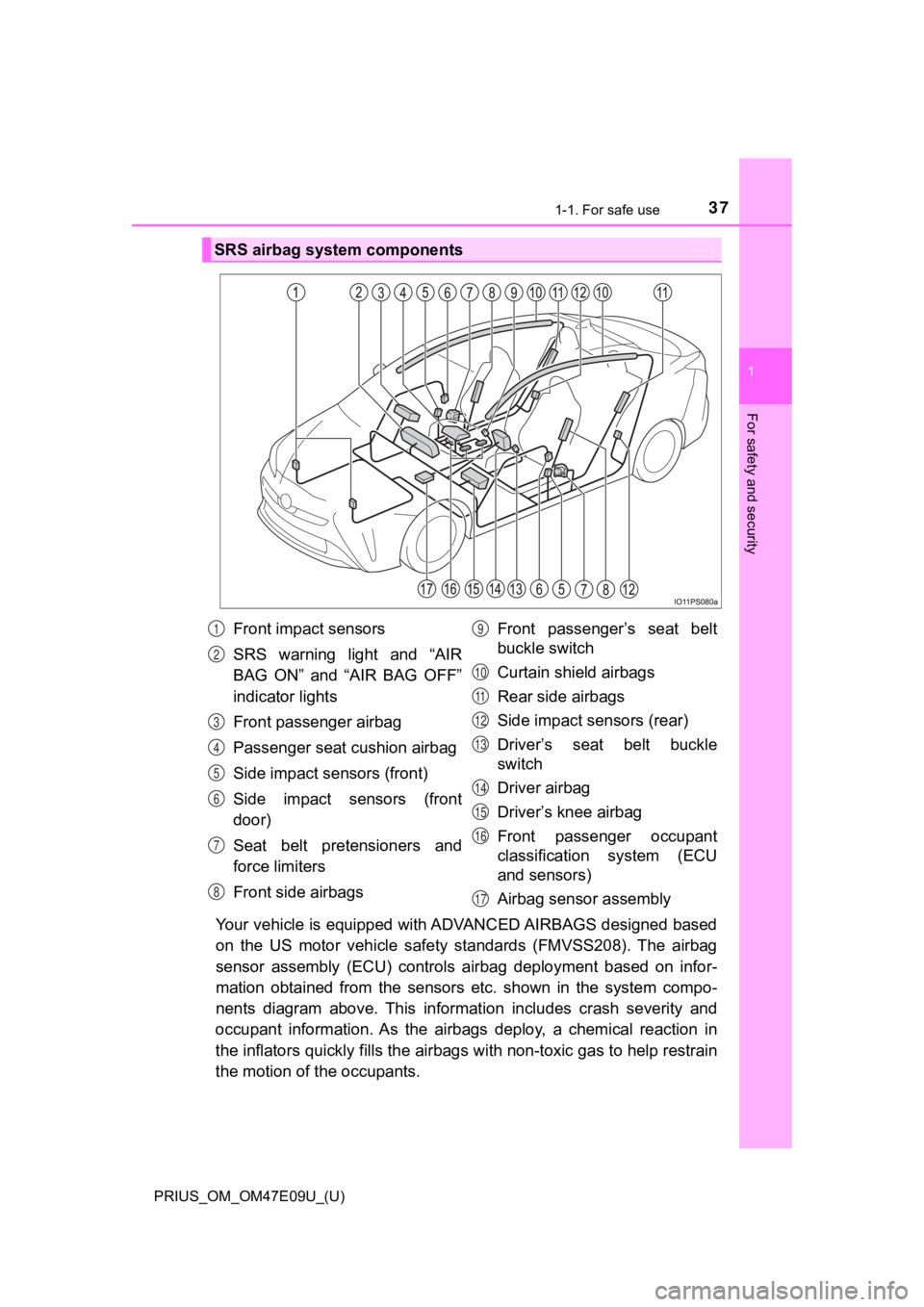 TOYOTA PRIUS 2021 (in English) Owners Guide 371-1. For safe use
PRIUS_OM_OM47E09U_(U)
1
For safety and security
Your vehicle is equipped with ADVANCED AIRBAGS designed based
on the US motor vehicle safety standards (FMVSS208). The airb TOYOTA PRIUS 2021 (in English) Owners Guide 371-1. For safe use
PRIUS_OM_OM47E09U_(U)
1
For safety and security
Your vehicle is equipped with ADVANCED AIRBAGS designed based
on the US motor vehicle safety standards (FMVSS208). The airb