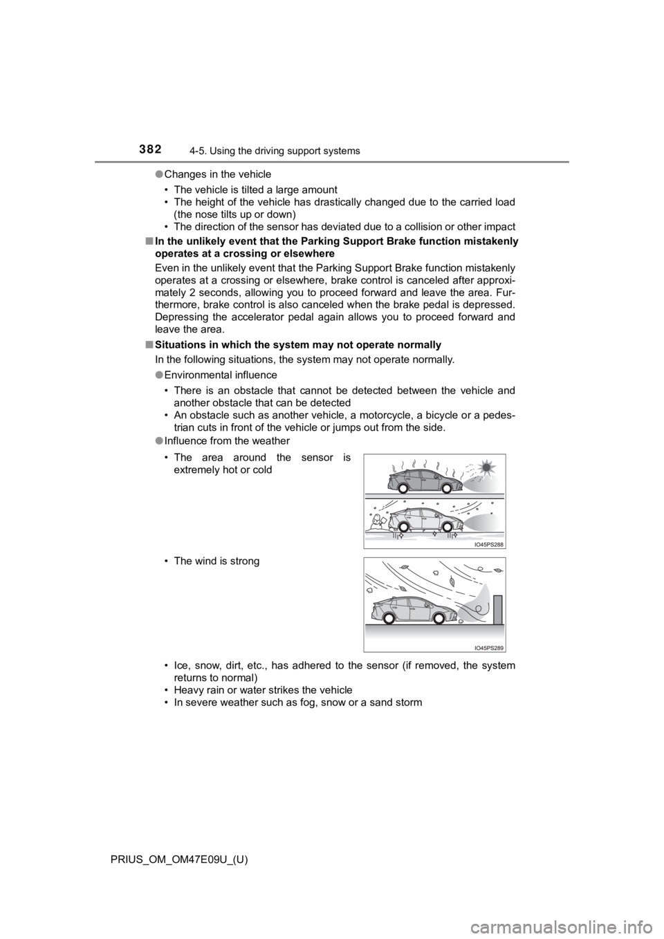 TOYOTA PRIUS 2021  Owners Manual (in English) 382
PRIUS_OM_OM47E09U_(U)
4-5. Using the driving support systems
●Changes in the vehicle
• The vehicle is tilted a large amount
• The height of the vehicle has drastically changed due to the c a