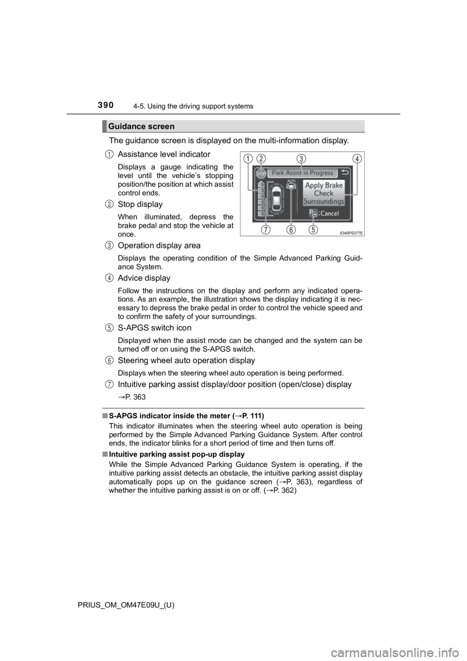 TOYOTA PRIUS 2021  Owners Manual (in English) 390
PRIUS_OM_OM47E09U_(U)
4-5. Using the driving support systems
The guidance screen is displayed on the multi-information display.
Assistance level indicator
Displays  a  gauge  indicating  the
level