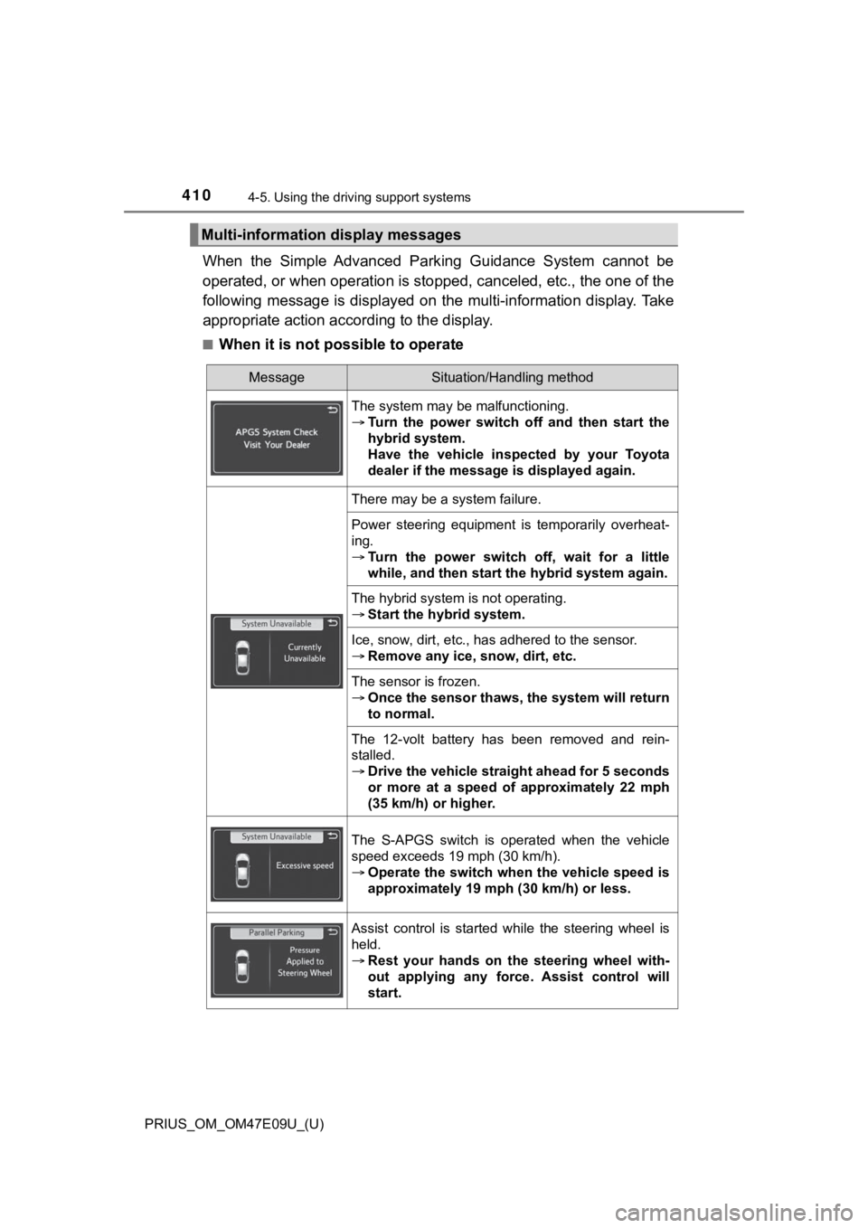 TOYOTA PRIUS 2021  Owners Manual (in English) 410
PRIUS_OM_OM47E09U_(U)
4-5. Using the driving support systems
When  the  Simple  Advanced  Park ing  Guidance  System  cannot  be
operated, or when operation is  stopped, canceled, etc., the one  o