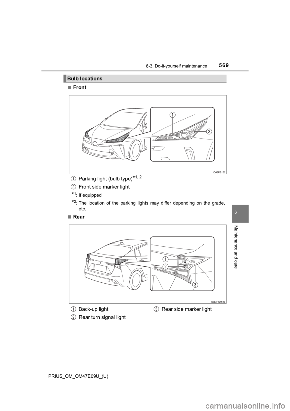 TOYOTA PRIUS 2021  Owners Manual (in English) PRIUS_OM_OM47E09U_(U)
5696-3. Do-it-yourself maintenance
6
Maintenance and care
■FrontParking light (bulb type)
*1, 2
Front side marker light
*1: If equipped
*2: The  location  of  the  parking  lig