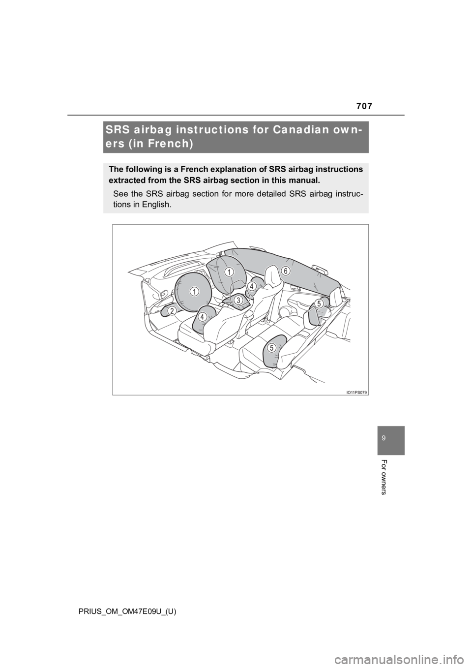 TOYOTA PRIUS 2021  Owners Manual (in English) 707
PRIUS_OM_OM47E09U_(U)
9
For owners
SRS airbag instructions for Canadian own-
ers (in French)
The following is a French explanation of SRS airbag instructions
extracted from the SRS air bag section