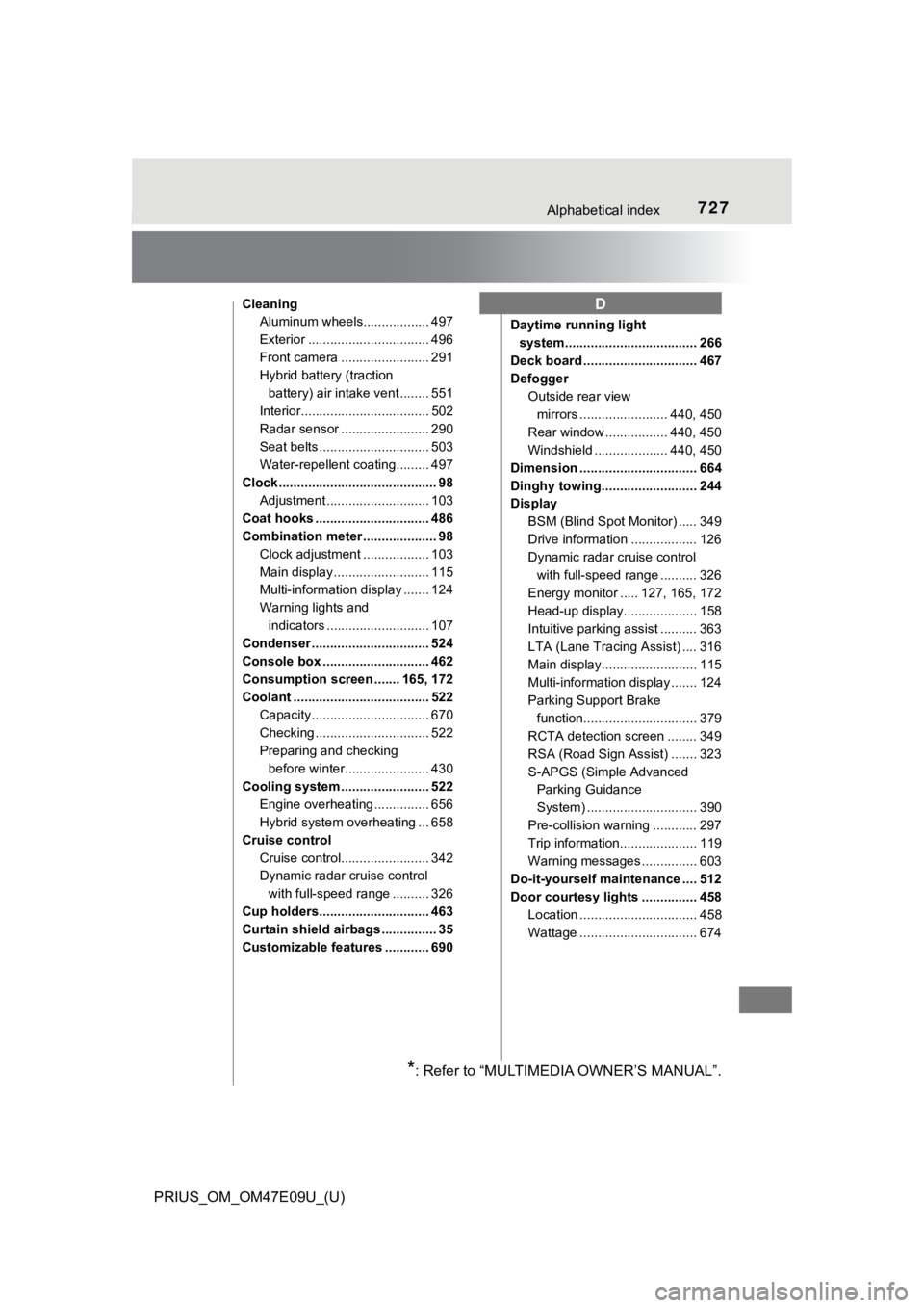 TOYOTA PRIUS 2021  Owners Manual (in English) 727Alphabetical index
PRIUS_OM_OM47E09U_(U)
CleaningAluminum wheels.................. 497
Exterior ................................. 496
Front camera ........................ 291
Hybrid battery (tract