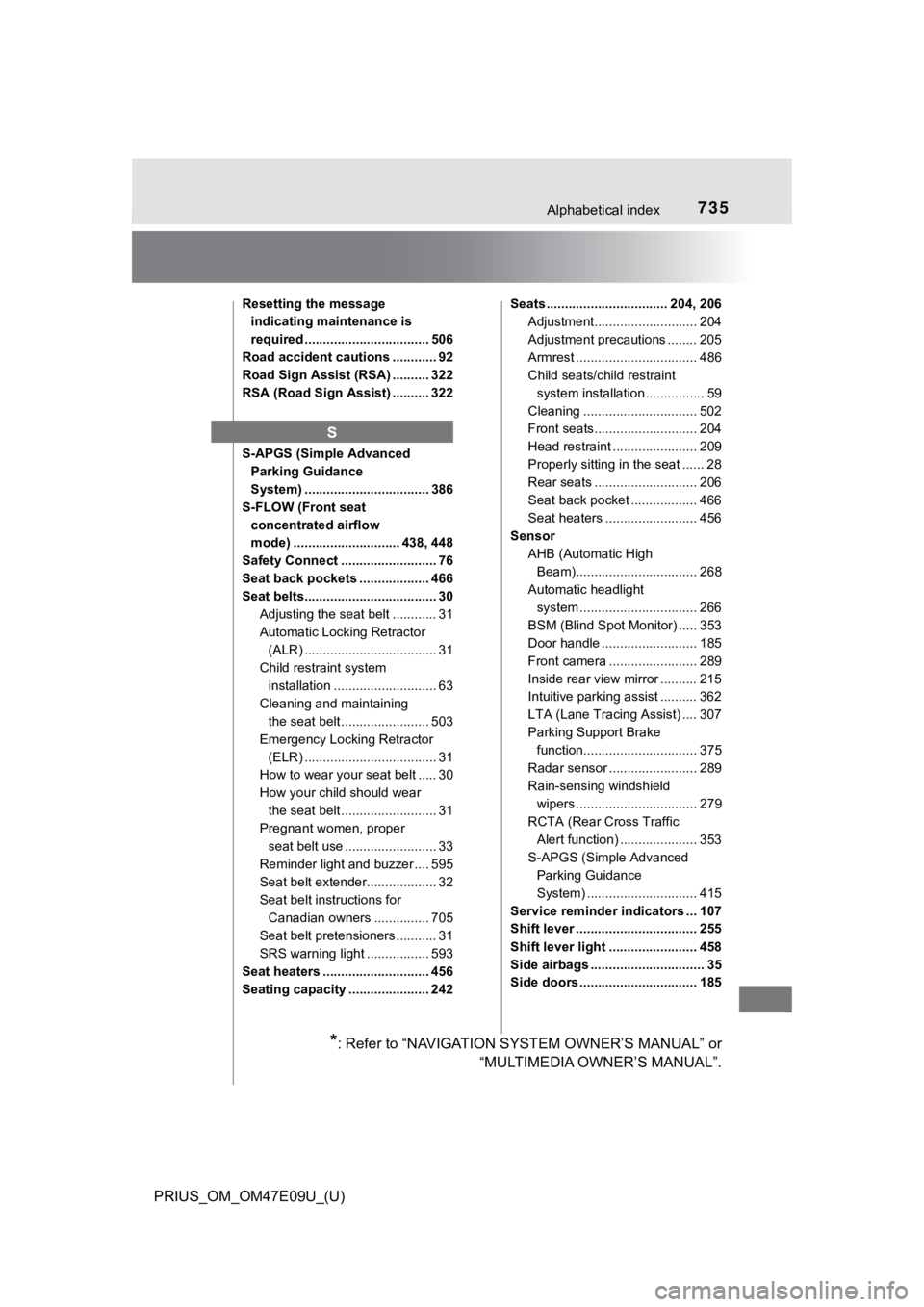TOYOTA PRIUS 2021  Owners Manual (in English) 735Alphabetical index
PRIUS_OM_OM47E09U_(U)
Resetting the message indicating maintenance is 
required .................................. 506
Road accident cautions ............ 92
Road Sign Assist (RS