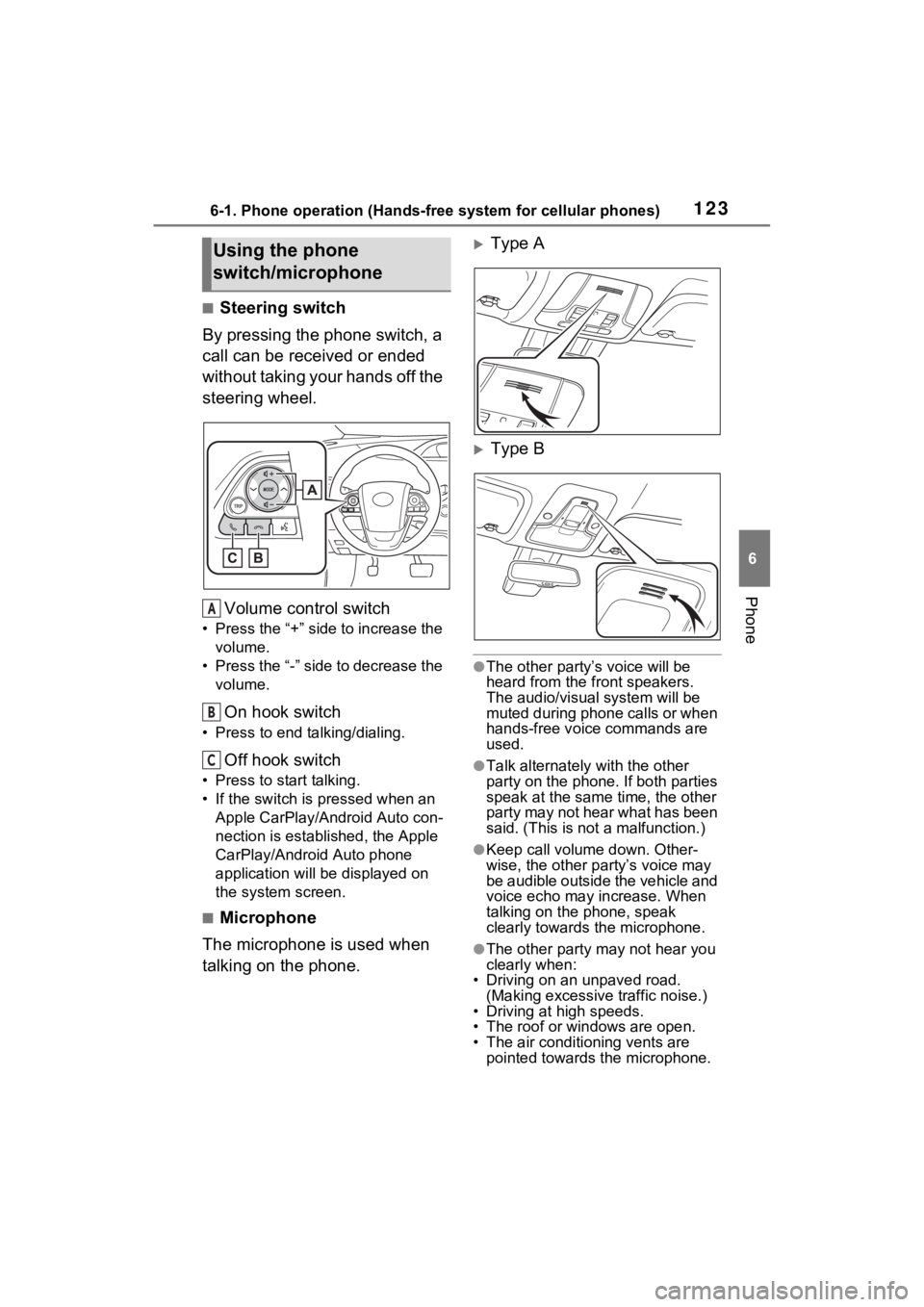 TOYOTA PRIUS 2021  Accessories, Audio & Navigation (in English) 1236-1. Phone operation (Hands-free system for cellular phones)
6
Phone
■Steering switch
By pressing the phone switch, a 
call can be received or ended 
without taking your hands off the 
steering w
