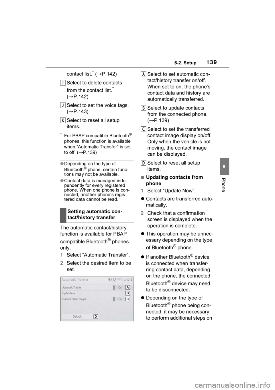 TOYOTA PRIUS 2021 Accessories, Audio & Navigation (in English) 1396-2. Setup
6
Phone
contact list.* ( P.142)
Select to delete contacts
from the contact list.
*
( P.142)
Select to set the voice tags.
( P.143)
Select to reset all setup
items.
*: For PB TOYOTA PRIUS 2021 Accessories, Audio & Navigation (in English) 1396-2. Setup
6
Phone
contact list.* ( P.142)
Select to delete contacts
from the contact list.
*
( P.142)
Select to set the voice tags.
( P.143)
Select to reset all setup
items.
*: For PB