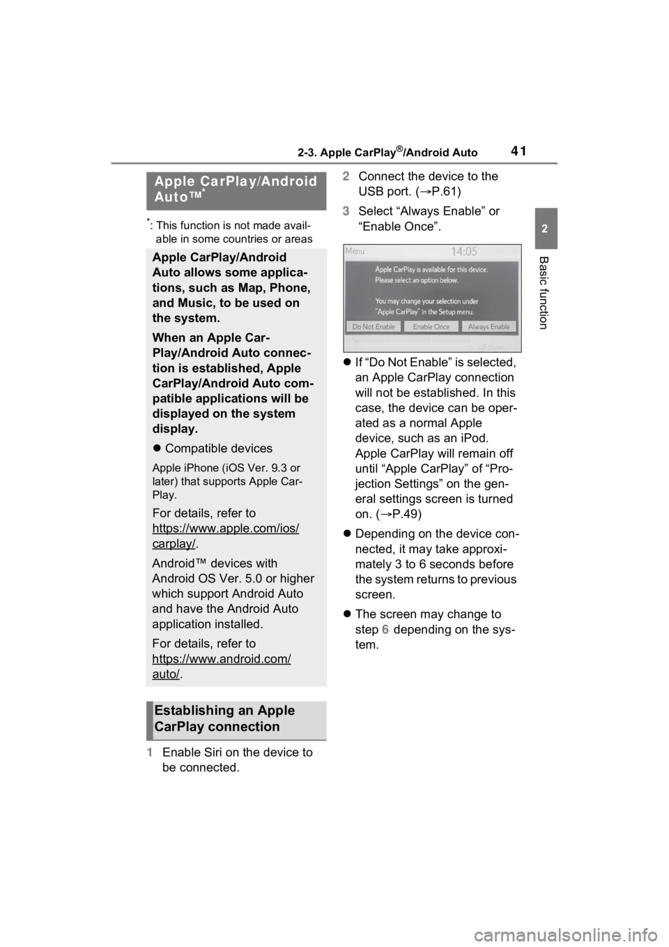 TOYOTA PRIUS 2021  Accessories, Audio & Navigation (in English) 412-3. Apple CarPlay®/Android Auto
2
Basic function
2-3.Apple CarPlay®/Android Auto
*: This function is not made avail-able in some countries or areas
1 Enable Siri on the device to 
be connected. 2
