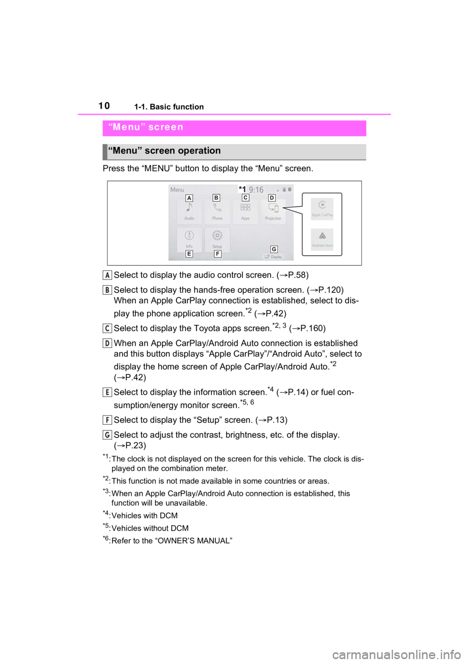 TOYOTA PRIUS 2021 Accessories, Audio & Navigation (in English) 101-1. Basic function
Press the “MENU” button to display the “Menu” screen.
Select to display the audio control screen. ( P.58)
Select to display the hands-free operation screen. ( P.120 TOYOTA PRIUS 2021 Accessories, Audio & Navigation (in English) 101-1. Basic function
Press the “MENU” button to display the “Menu” screen.
Select to display the audio control screen. ( P.58)
Select to display the hands-free operation screen. ( P.120