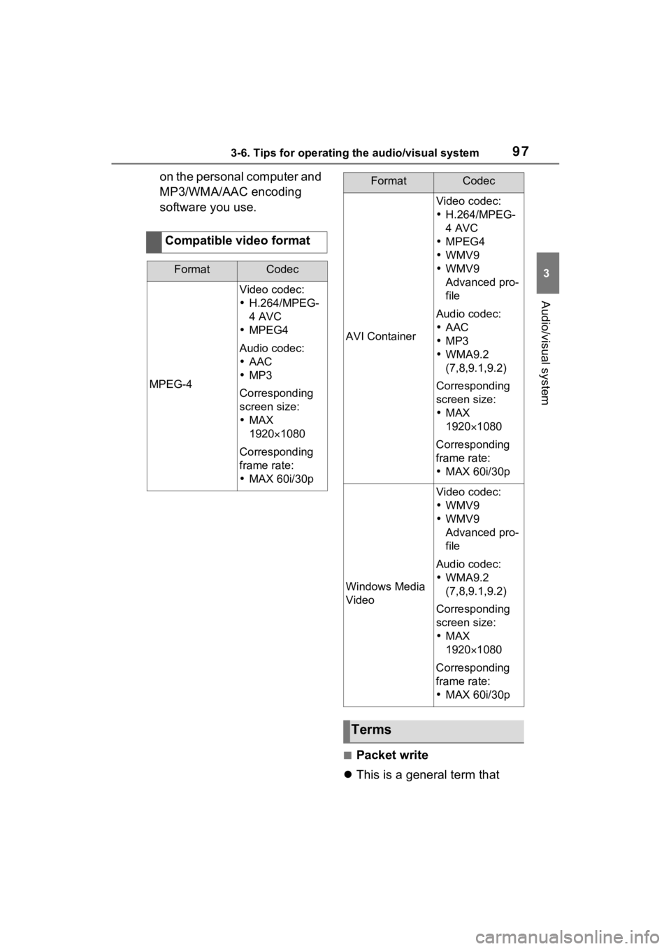 TOYOTA PRIUS 2021 Accessories, Audio & Navigation (in English) 973-6. Tips for operating the audio/visual system
3
Audio/visual system
on the personal computer and
MP3/WMA/AAC encoding
software you use.
■Packet write
This is a general term that
Compatibl TOYOTA PRIUS 2021 Accessories, Audio & Navigation (in English) 973-6. Tips for operating the audio/visual system
3
Audio/visual system
on the personal computer and
MP3/WMA/AAC encoding
software you use.
■Packet write
This is a general term that
Compatibl