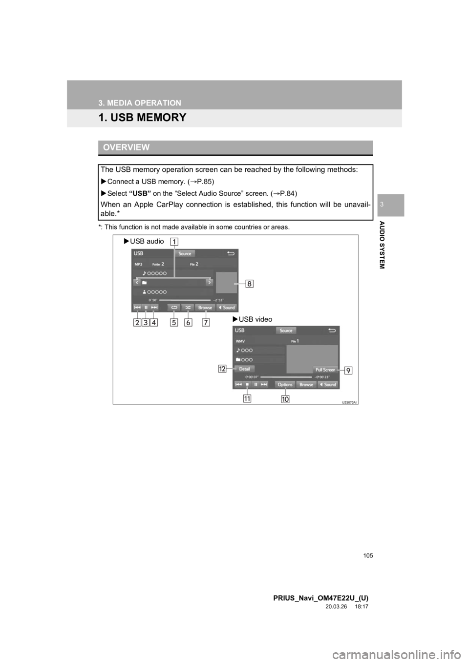 TOYOTA PRIUS 2021 Accessories, Audio & Navigation (in English) 105
PRIUS_Navi_OM47E22U_(U)
20.03.26 18:17
AUDIO SYSTEM
3
3. MEDIA OPERATION
1. USB MEMORY
*: This function is not made available in some countries or areas.
OVERVIEW
The USB memory operation scre TOYOTA PRIUS 2021 Accessories, Audio & Navigation (in English) 105
PRIUS_Navi_OM47E22U_(U)
20.03.26 18:17
AUDIO SYSTEM
3
3. MEDIA OPERATION
1. USB MEMORY
*: This function is not made available in some countries or areas.
OVERVIEW
The USB memory operation scre