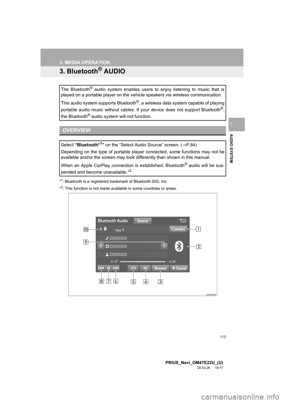 TOYOTA PRIUS 2021 Accessories, Audio & Navigation (in English) 113
3. MEDIA OPERATION
PRIUS_Navi_OM47E22U_(U)
20.03.26 18:17
AUDIO SYSTEM
3
3. Bluetooth® AUDIO
*1: Bluetooth is a registered trademark of Bluetooth SIG, Inc.
*
2: This function is not made avai TOYOTA PRIUS 2021 Accessories, Audio & Navigation (in English) 113
3. MEDIA OPERATION
PRIUS_Navi_OM47E22U_(U)
20.03.26 18:17
AUDIO SYSTEM
3
3. Bluetooth® AUDIO
*1: Bluetooth is a registered trademark of Bluetooth SIG, Inc.
*
2: This function is not made avai