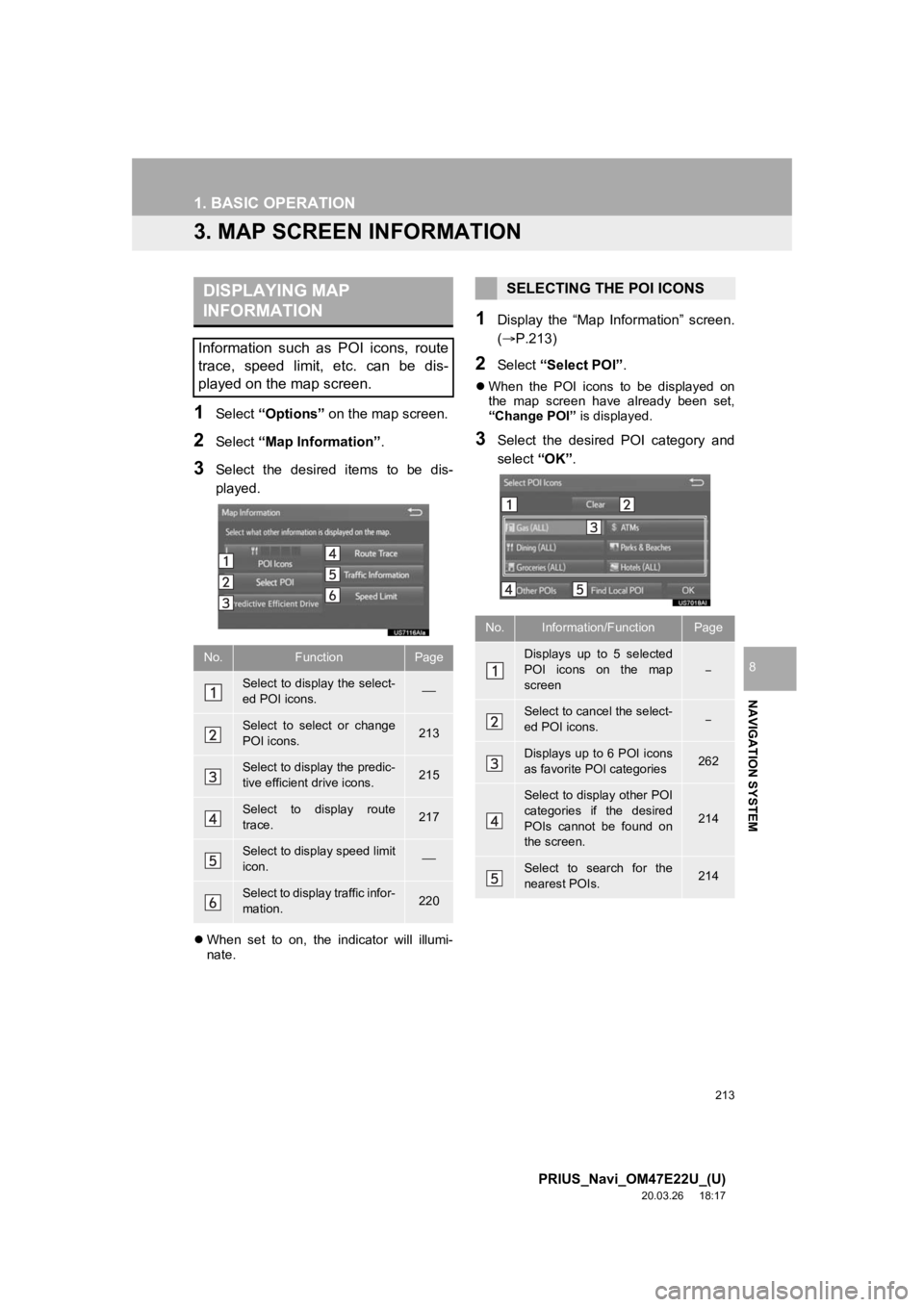 TOYOTA PRIUS 2021 Accessories, Audio & Navigation (in English) 213
1. BASIC OPERATION
PRIUS_Navi_OM47E22U_(U)
20.03.26 18:17
NAVIGATION SYSTEM
8
3. MAP SCREEN INFORMATION
1Select “Options” on the map screen.
2Select “Map Information” .
3Select the d TOYOTA PRIUS 2021 Accessories, Audio & Navigation (in English) 213
1. BASIC OPERATION
PRIUS_Navi_OM47E22U_(U)
20.03.26 18:17
NAVIGATION SYSTEM
8
3. MAP SCREEN INFORMATION
1Select “Options” on the map screen.
2Select “Map Information” .
3Select the d