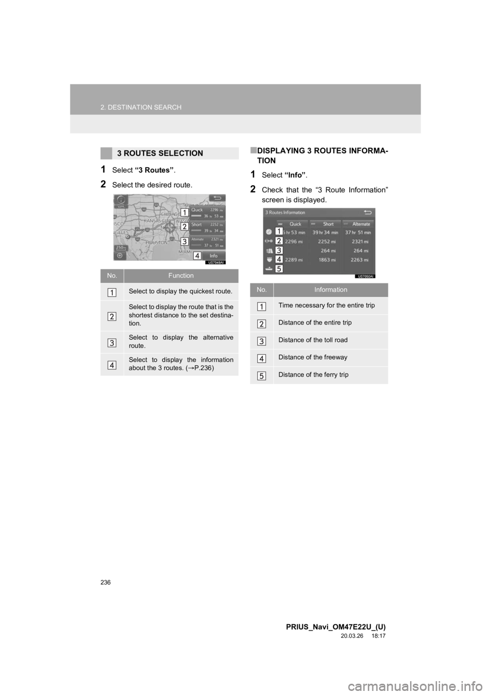 TOYOTA PRIUS 2021 Accessories, Audio & Navigation (in English) 236
2. DESTINATION SEARCH
PRIUS_Navi_OM47E22U_(U)
20.03.26 18:17
1Select “3 Routes” .
2Select the desired route.
■DISPLAYING 3 ROUTES INFORMA-
TION
1Select “Info”.
2Check that the “ TOYOTA PRIUS 2021 Accessories, Audio & Navigation (in English) 236
2. DESTINATION SEARCH
PRIUS_Navi_OM47E22U_(U)
20.03.26 18:17
1Select “3 Routes” .
2Select the desired route.
■DISPLAYING 3 ROUTES INFORMA-
TION
1Select “Info”.
2Check that the “
