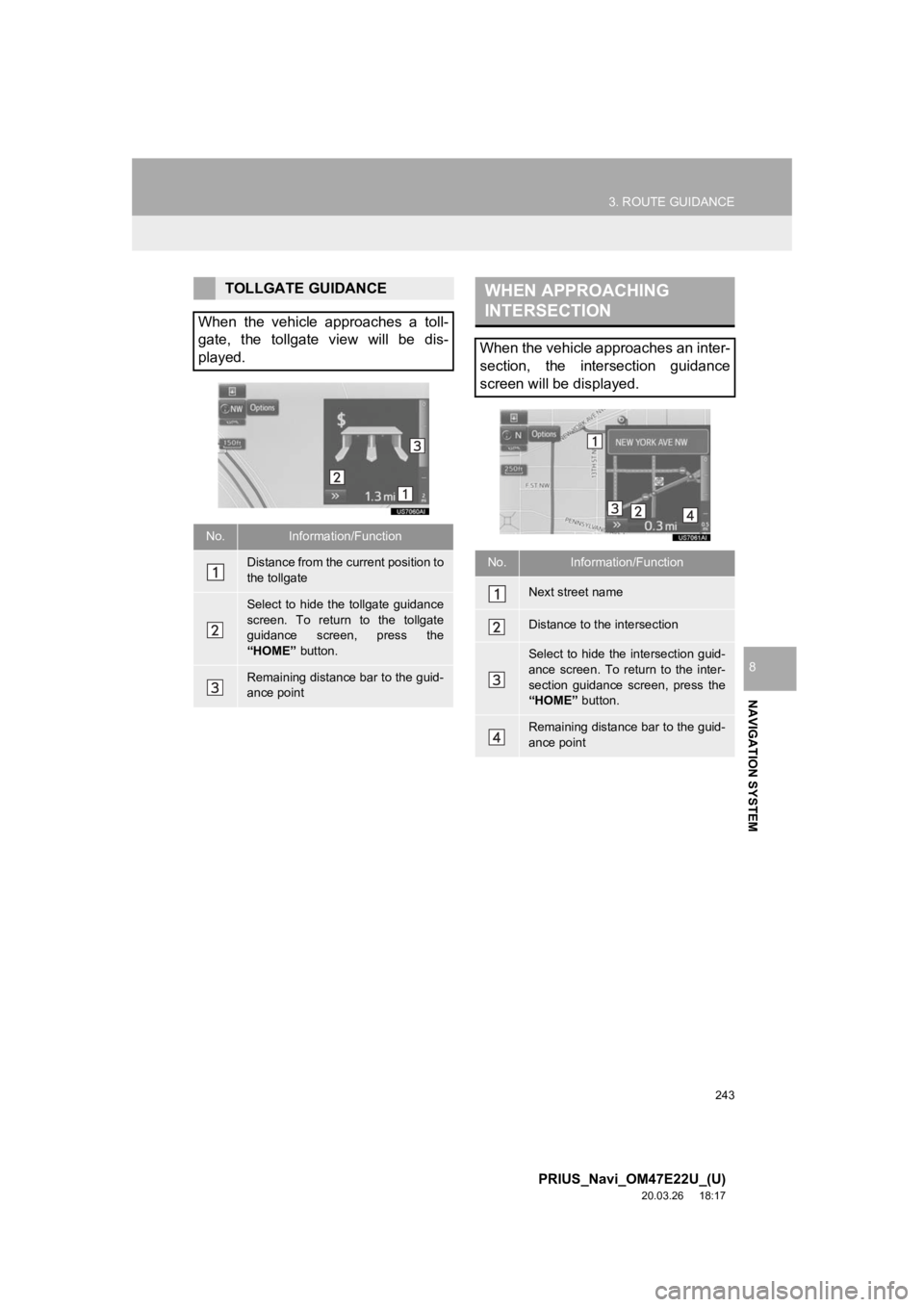 TOYOTA PRIUS 2021 Accessories, Audio & Navigation (in English) 243
3. ROUTE GUIDANCE
PRIUS_Navi_OM47E22U_(U)
20.03.26 18:17
NAVIGATION SYSTEM
8
TOLLGATE GUIDANCE
When the vehicle approaches a toll-
gate, the tollgate view will be dis-
played.
No.In TOYOTA PRIUS 2021 Accessories, Audio & Navigation (in English) 243
3. ROUTE GUIDANCE
PRIUS_Navi_OM47E22U_(U)
20.03.26 18:17
NAVIGATION SYSTEM
8
TOLLGATE GUIDANCE
When the vehicle approaches a toll-
gate, the tollgate view will be dis-
played.
No.In