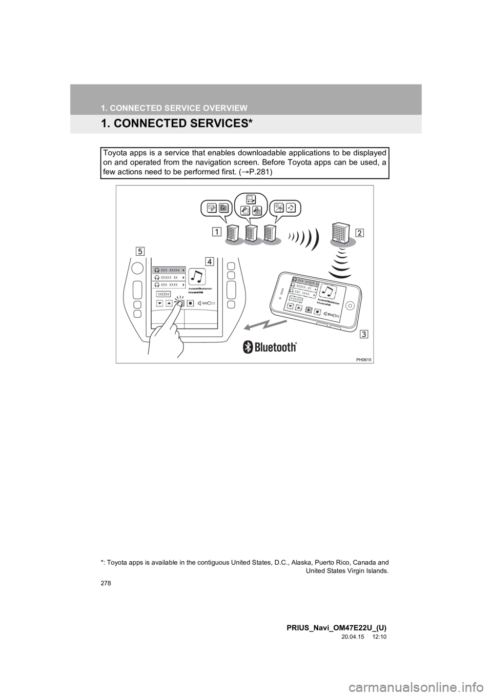 TOYOTA PRIUS 2021  Accessories, Audio & Navigation (in English) 278
PRIUS_Navi_OM47E22U_(U)
20.04.15     12:10
1. CONNECTED SERVICE OVERVIEW
1. CONNECTED SERVICES*
Toyota  apps  is  a  service  that  enables  downloadable  applications  to  be  displayed
on and  o