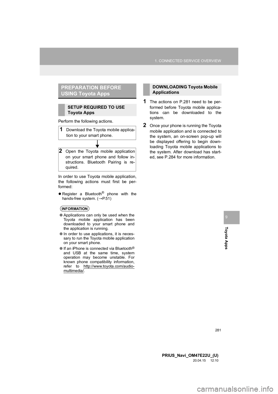 TOYOTA PRIUS 2021 Accessories, Audio & Navigation (in English) 281
1. CONNECTED SERVICE OVERVIEW
PRIUS_Navi_OM47E22U_(U)
20.04.15 12:10
Toyota Apps
9
Perform the following actions.
In order to use Toyota mobile application,
the following actions must TOYOTA PRIUS 2021 Accessories, Audio & Navigation (in English) 281
1. CONNECTED SERVICE OVERVIEW
PRIUS_Navi_OM47E22U_(U)
20.04.15 12:10
Toyota Apps
9
Perform the following actions.
In order to use Toyota mobile application,
the following actions must