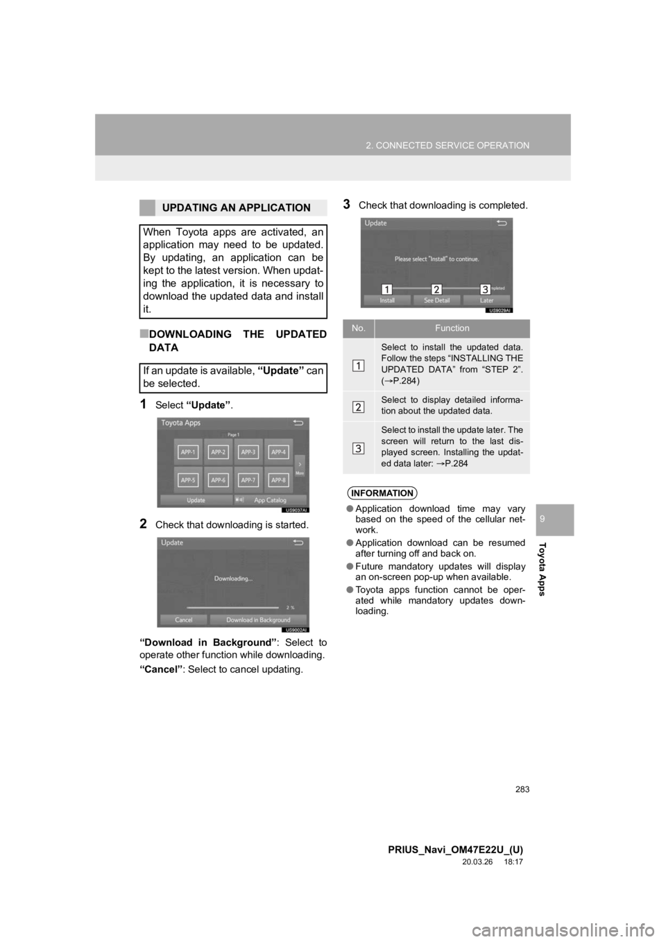 TOYOTA PRIUS 2021 Accessories, Audio & Navigation (in English) 283
2. CONNECTED SERVICE OPERATION
PRIUS_Navi_OM47E22U_(U)
20.03.26 18:17
Toyota Apps
9
■DOWNLOADING THE UPDATED
DATA
1Select “Update” .
2Check that downloading is started.
“Download in TOYOTA PRIUS 2021 Accessories, Audio & Navigation (in English) 283
2. CONNECTED SERVICE OPERATION
PRIUS_Navi_OM47E22U_(U)
20.03.26 18:17
Toyota Apps
9
■DOWNLOADING THE UPDATED
DATA
1Select “Update” .
2Check that downloading is started.
“Download in