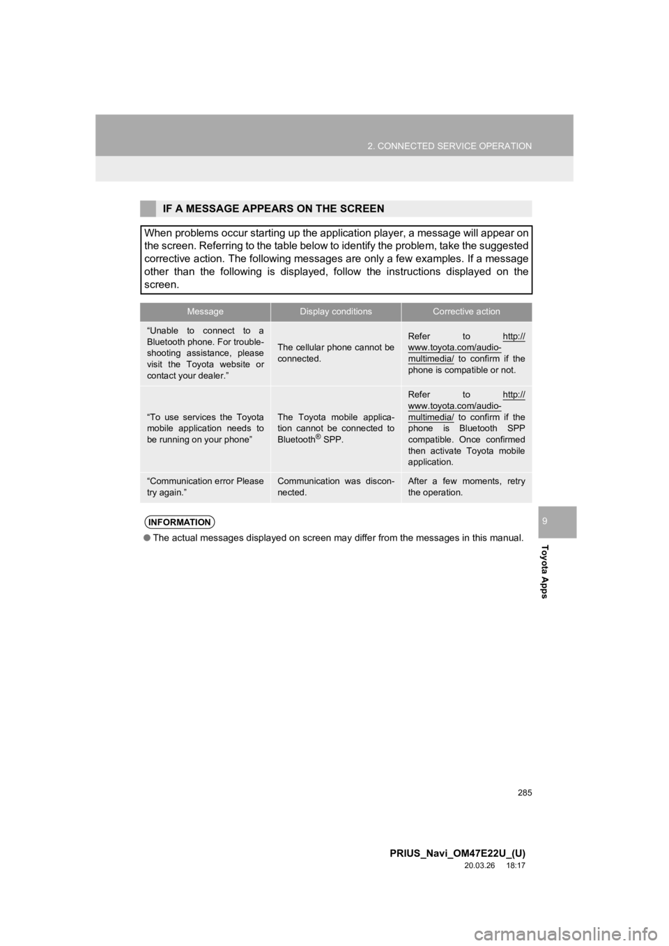 TOYOTA PRIUS 2021 Accessories, Audio & Navigation (in English) 285
2. CONNECTED SERVICE OPERATION
PRIUS_Navi_OM47E22U_(U)
20.03.26 18:17
Toyota Apps
9
IF A MESSAGE APPEA RS ON THE SCREEN
When problems occur starting up the application player, a messa ge will TOYOTA PRIUS 2021 Accessories, Audio & Navigation (in English) 285
2. CONNECTED SERVICE OPERATION
PRIUS_Navi_OM47E22U_(U)
20.03.26 18:17
Toyota Apps
9
IF A MESSAGE APPEA RS ON THE SCREEN
When problems occur starting up the application player, a messa ge will