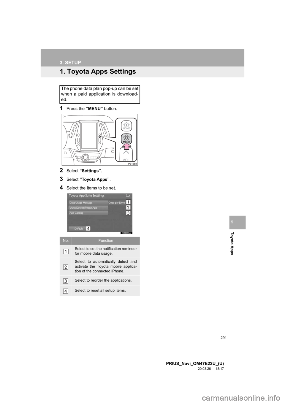 TOYOTA PRIUS 2021  Accessories, Audio & Navigation (in English) 291
PRIUS_Navi_OM47E22U_(U)
20.03.26     18:17
Toyota Apps
9
3. SETUP
1. Toyota Apps Settings
1Press the “MENU” button.
2Select “Settings” .
3Select “Toyota Apps” .
4Select the items to be