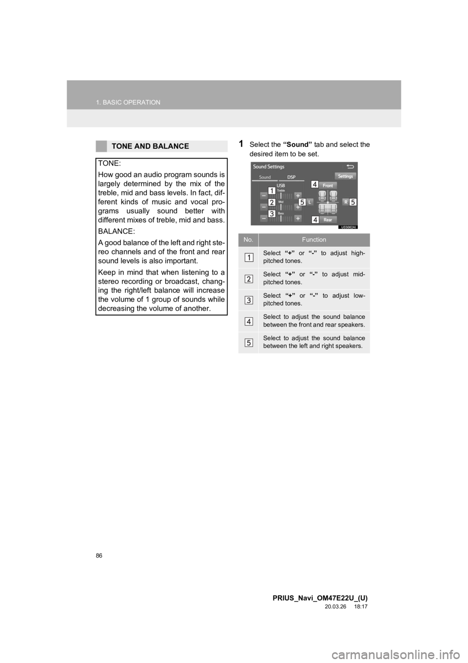 TOYOTA PRIUS 2021 Accessories, Audio & Navigation (in English) 86
1. BASIC OPERATION
PRIUS_Navi_OM47E22U_(U)
20.03.26 18:17
1Select the “Sound” tab and select the
desired item to be set.TONE AND BALANCE
TONE:
How good an audio program sounds is
largely d TOYOTA PRIUS 2021 Accessories, Audio & Navigation (in English) 86
1. BASIC OPERATION
PRIUS_Navi_OM47E22U_(U)
20.03.26 18:17
1Select the “Sound” tab and select the
desired item to be set.TONE AND BALANCE
TONE:
How good an audio program sounds is
largely d