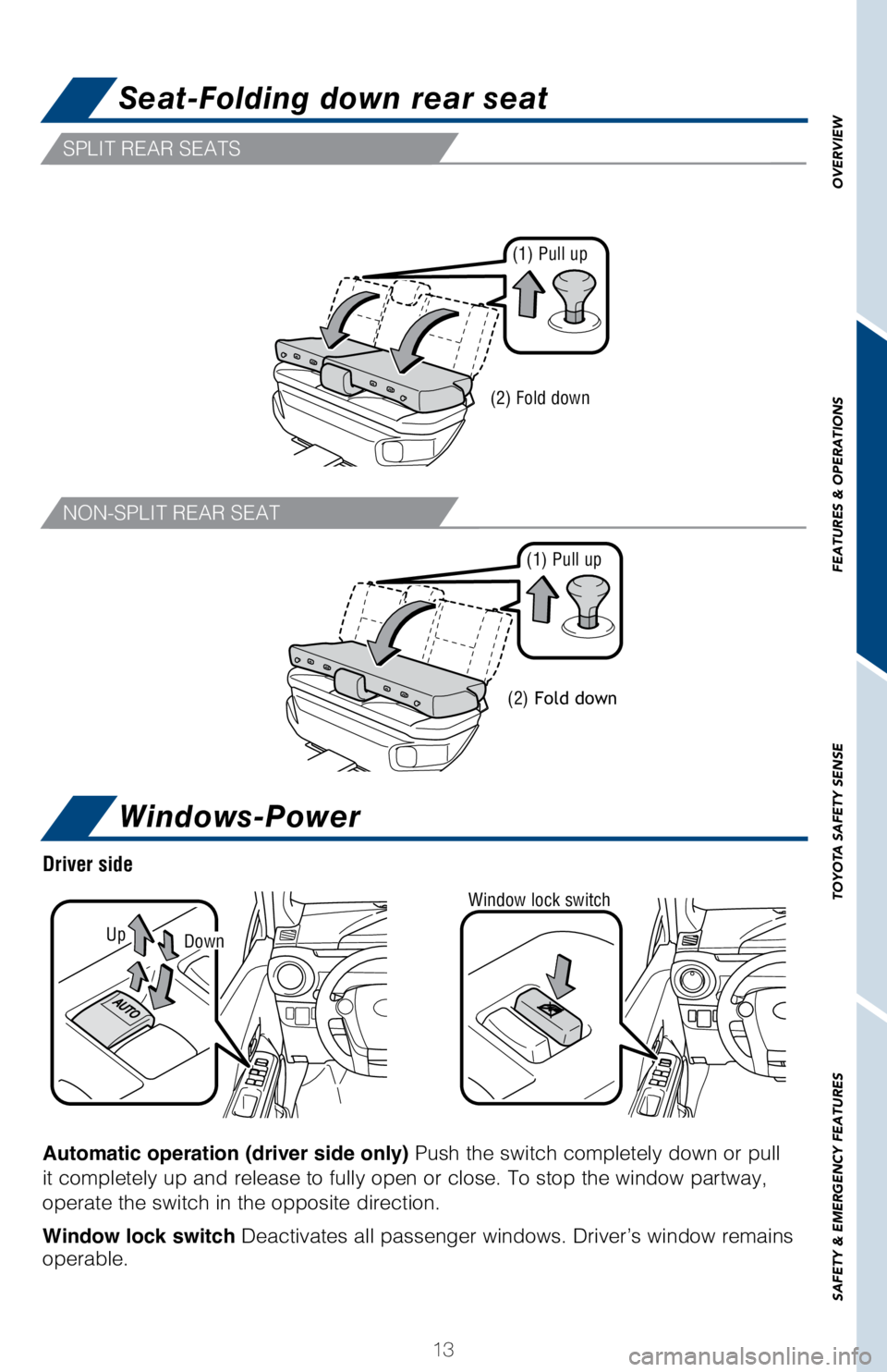 TOYOTA PRIUS C 2018   (in English) User Guide 13
OVERVIEW
FEATURES & OPERATIONS
TOYOTA SAFETY SENSE
SAFETY & EMERGENCY FEATURES
SPLIT REAR SEATS
NON-SPLIT REAR SEAT
Seat-Folding down rear seat
Windows-Power
(1) Pull up
(2) Fold down
(1) Pull up
(