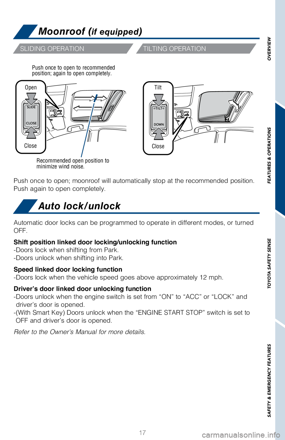 TOYOTA PRIUS C 2018 (in English) User Guide 17
OVERVIEW
FEATURES & OPERATIONS
TOYOTA SAFETY SENSE
SAFETY & EMERGENCY FEATURES
Moonroof (if equipped)
Auto lock/unlock
Recommended open position to
minimize wind noise.
Open
Close Push once to ope TOYOTA PRIUS C 2018 (in English) User Guide 17
OVERVIEW
FEATURES & OPERATIONS
TOYOTA SAFETY SENSE
SAFETY & EMERGENCY FEATURES
Moonroof (if equipped)
Auto lock/unlock
Recommended open position to
minimize wind noise.
Open
Close Push once to ope